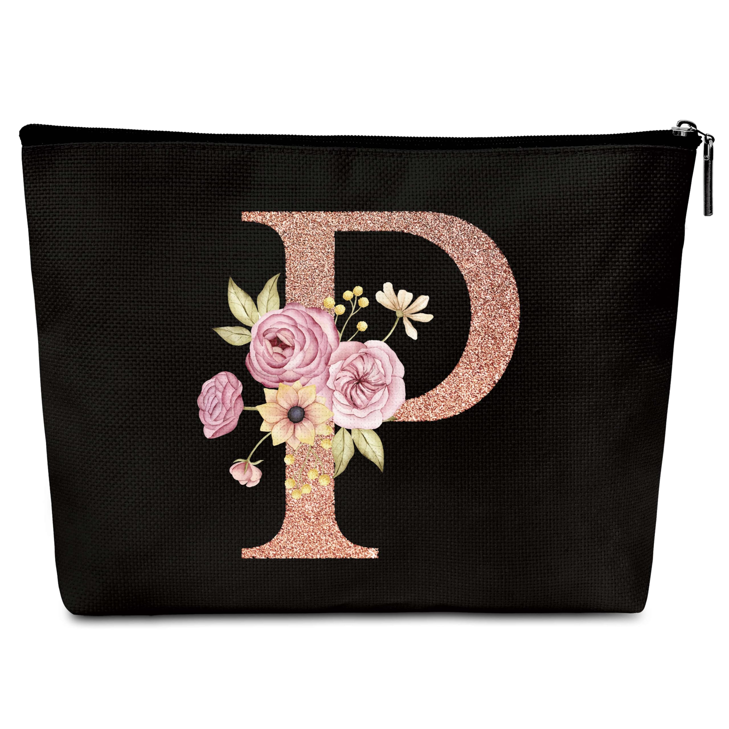 Personalized Initial Makeup Bag, P Monogram Makeup Bag, Black Cosmetic Travel Toiletry Boho Make Up Bag, Personalized Gifts For Women Girls Teen Friends Bestie Sister Daughter Wife, 1 Pack(E16)