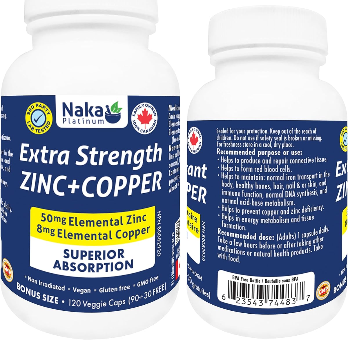 NAKA Naka Platinum Extra Strength Zinc + Copper, 50mg of Elemental Zinc, 8mg of Elemental Copper, SUPERIOR ABSORPTION, Made in Canada (120 vcaps)