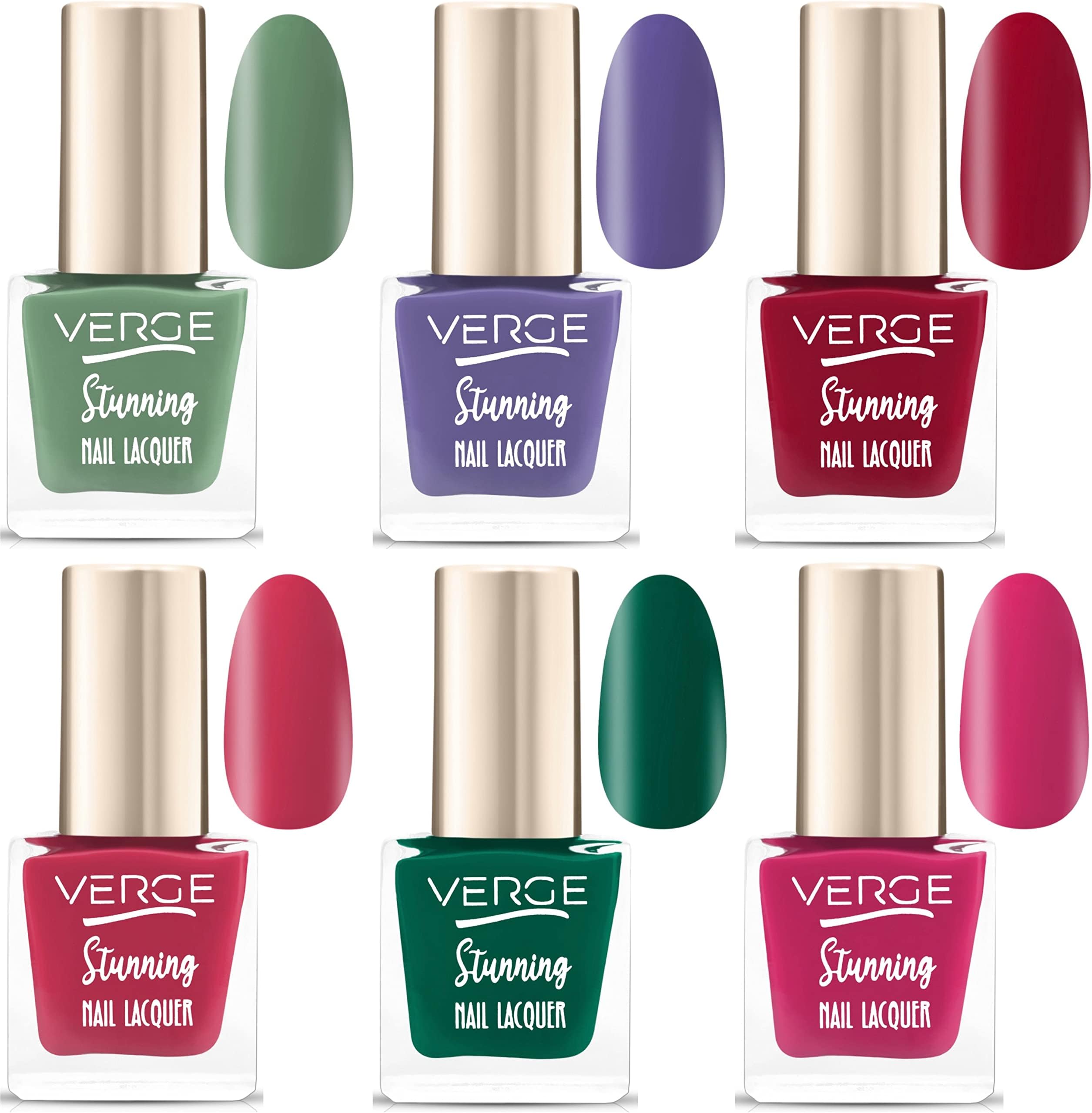 VERGE Stunning Colors Premium Nail Polish (SUPER STAY WITH HD BOLD FINISH) (Pack of 6) NO CHIPPING & NO FADING, QUICK DRY, NON TOXIC & PARABEN FREE, NEW ERA 6 COMBO