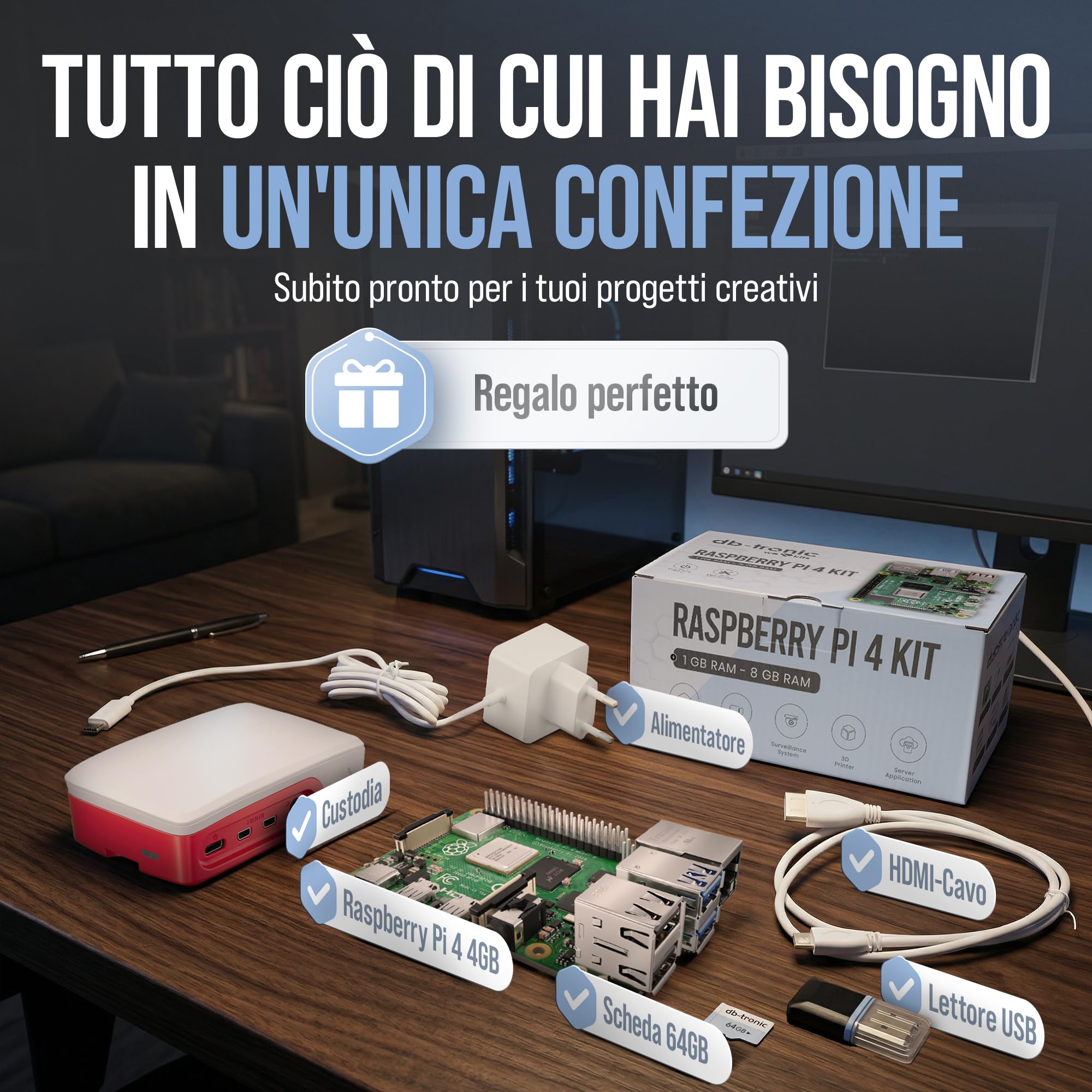 db-tronic Raspberry Pi 4 4 GB Starter Kit | Edizione da 64 GB | Alimentatore da 15 W | Alloggiamento | Cavo Micro HDMI 4K | Dissipatori | ideale per Home Assistant e la smart home