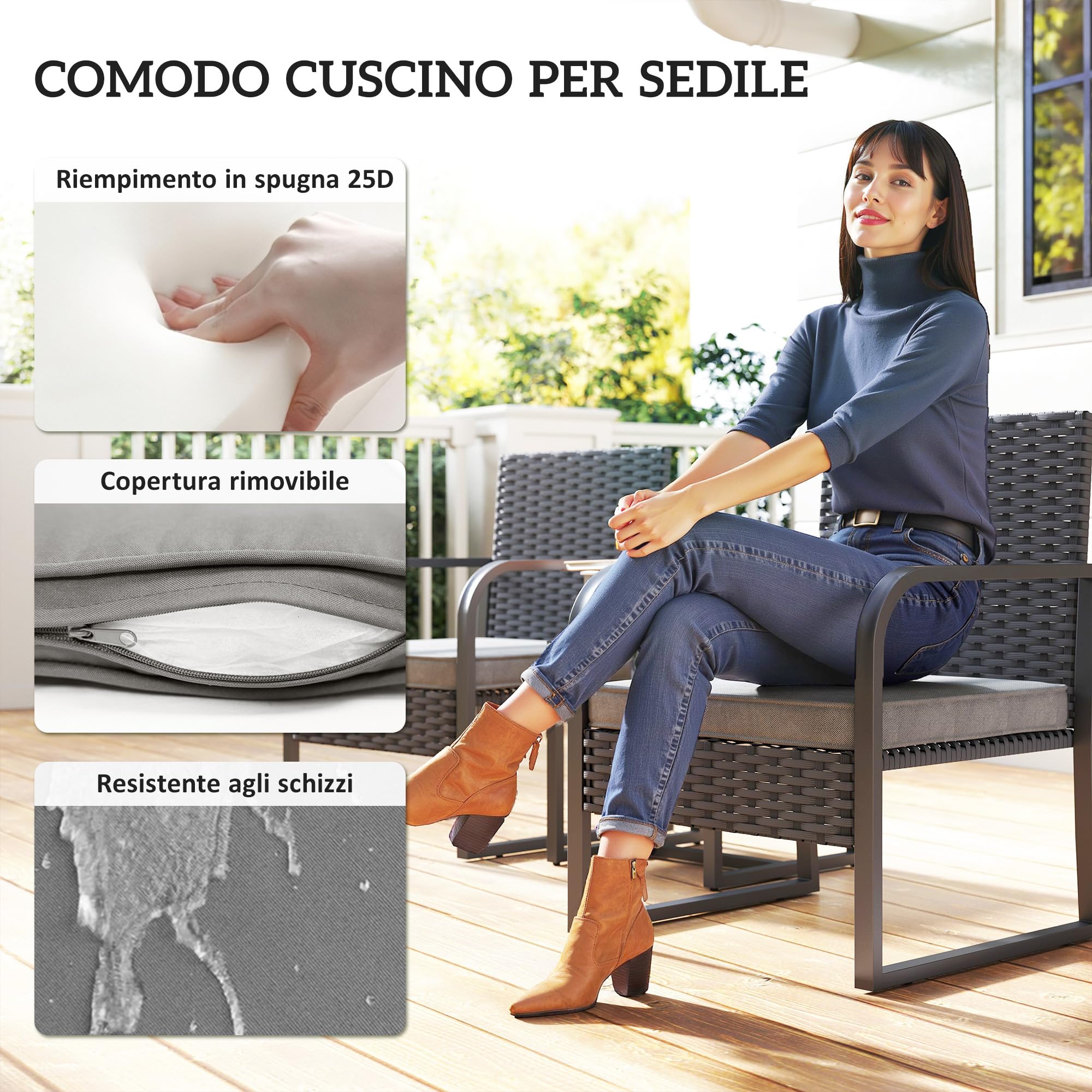 Outsunny Set da Giardino 3 Pezzi in Rattan PE e Acciaio, Set 2 Sedie con Cuscini Lavabili e Tavolino da Caffè con Piano in Vetro, Set di Mobili da Balcone, per Patio e Cortile, Grigio Scuro e Nero