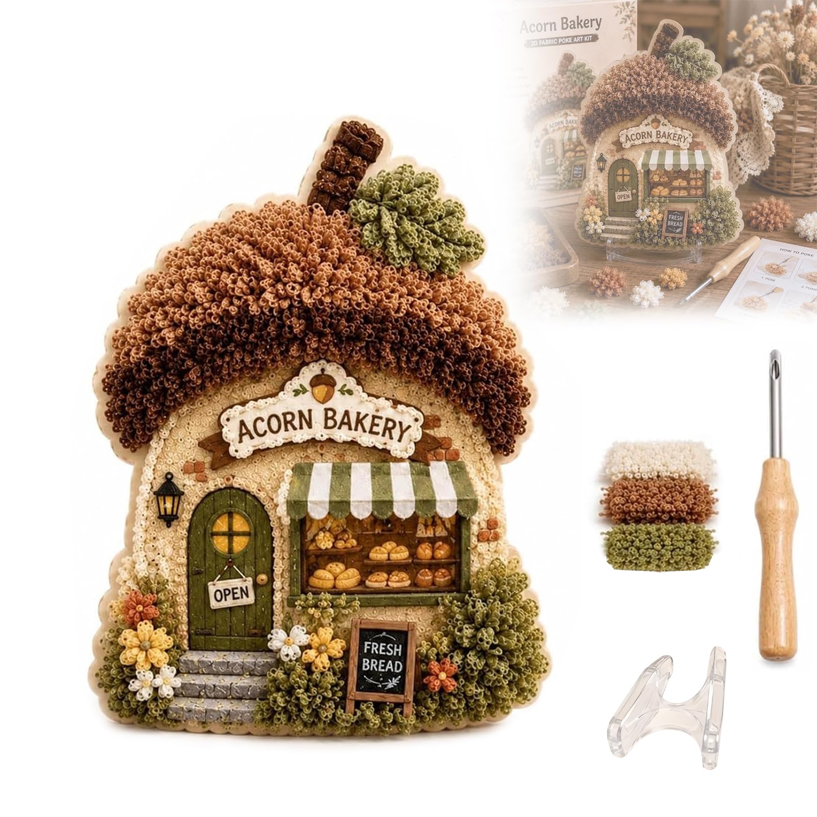 Eznaobo Whimsical Village 3D Fabric Poke Art Kit, Floral Mushroom Cottage Creative Craft Set,No Sew Press Technique,Home Decor Craft for Adult Beginner Handmade Hobby Gift,DIY Handmade Hobby Gift