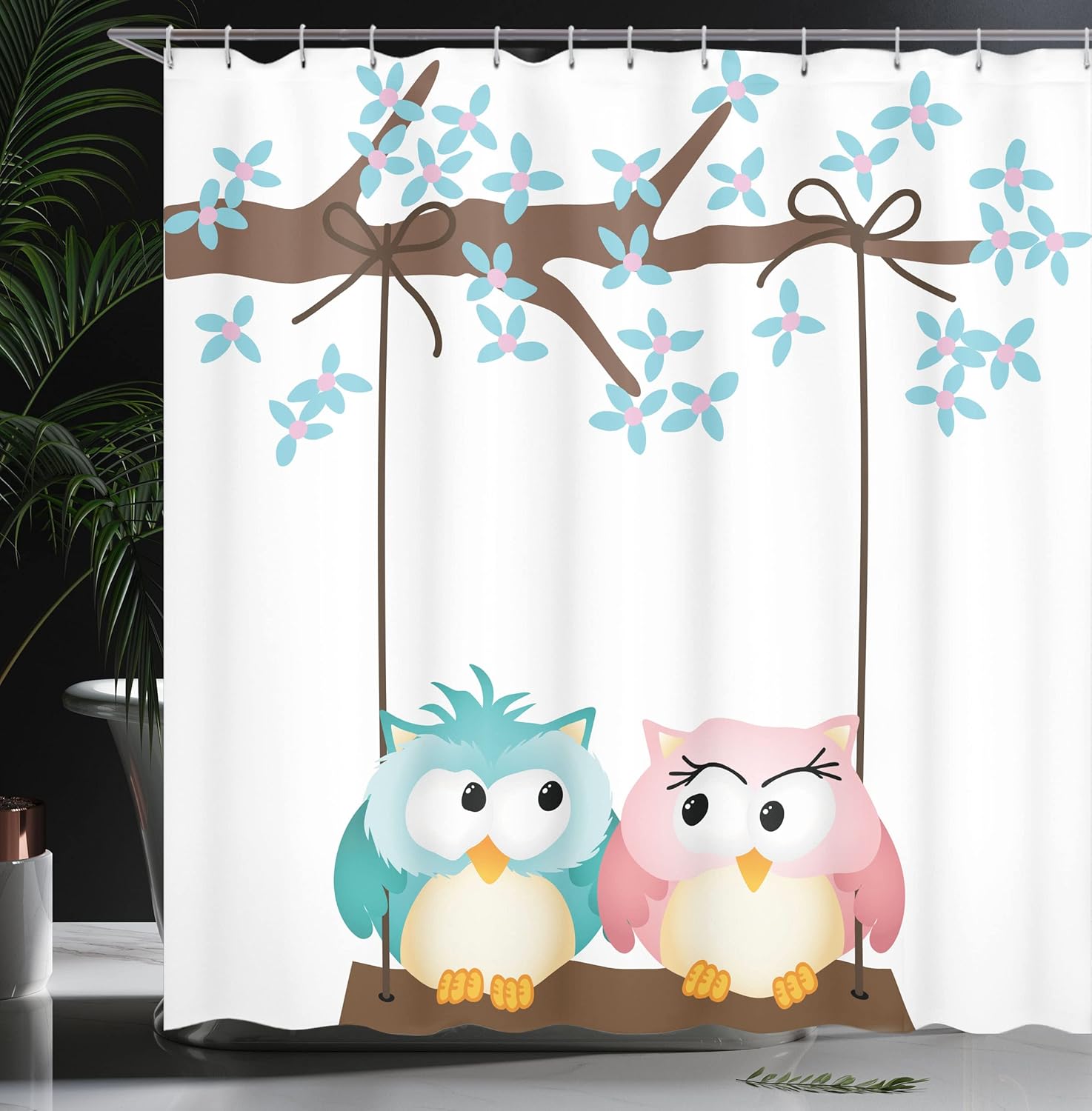Ambesonne Cartoon Shower Curtain, 2 Owls in Love on a Swing Blossoming Tree Branch Spring Romance, Cloth Fabric Bathroom Decor Set with Hooks, 69" W x 70" L, Pale Pink Pale Blue