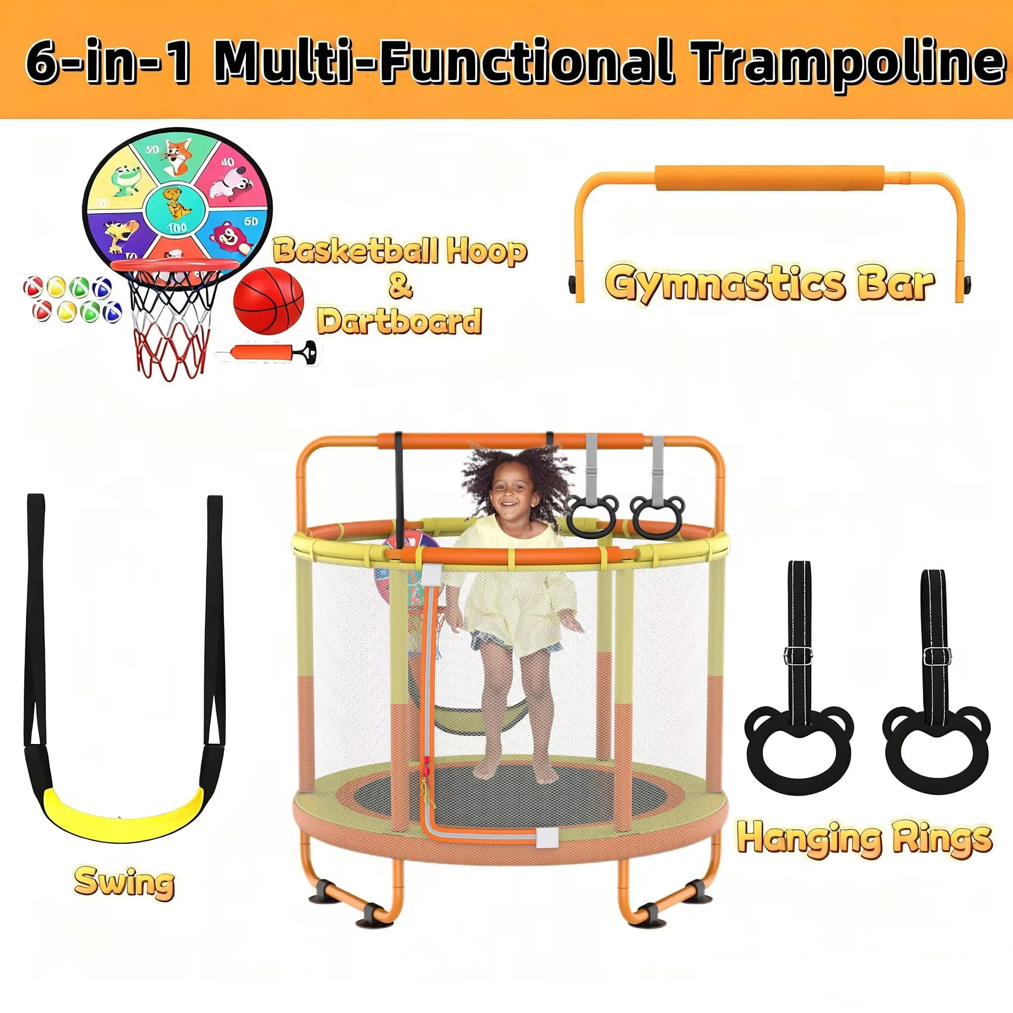 CZCPAPY trampolina dziecięca, trampolina dla dzieci, do użytku wewnątrz i na zewnątrz, z siatką bezpieczeństwa, koszem, drążkami, huśtawkami, prezent dla dzieci (żółto-pomarańczowa)