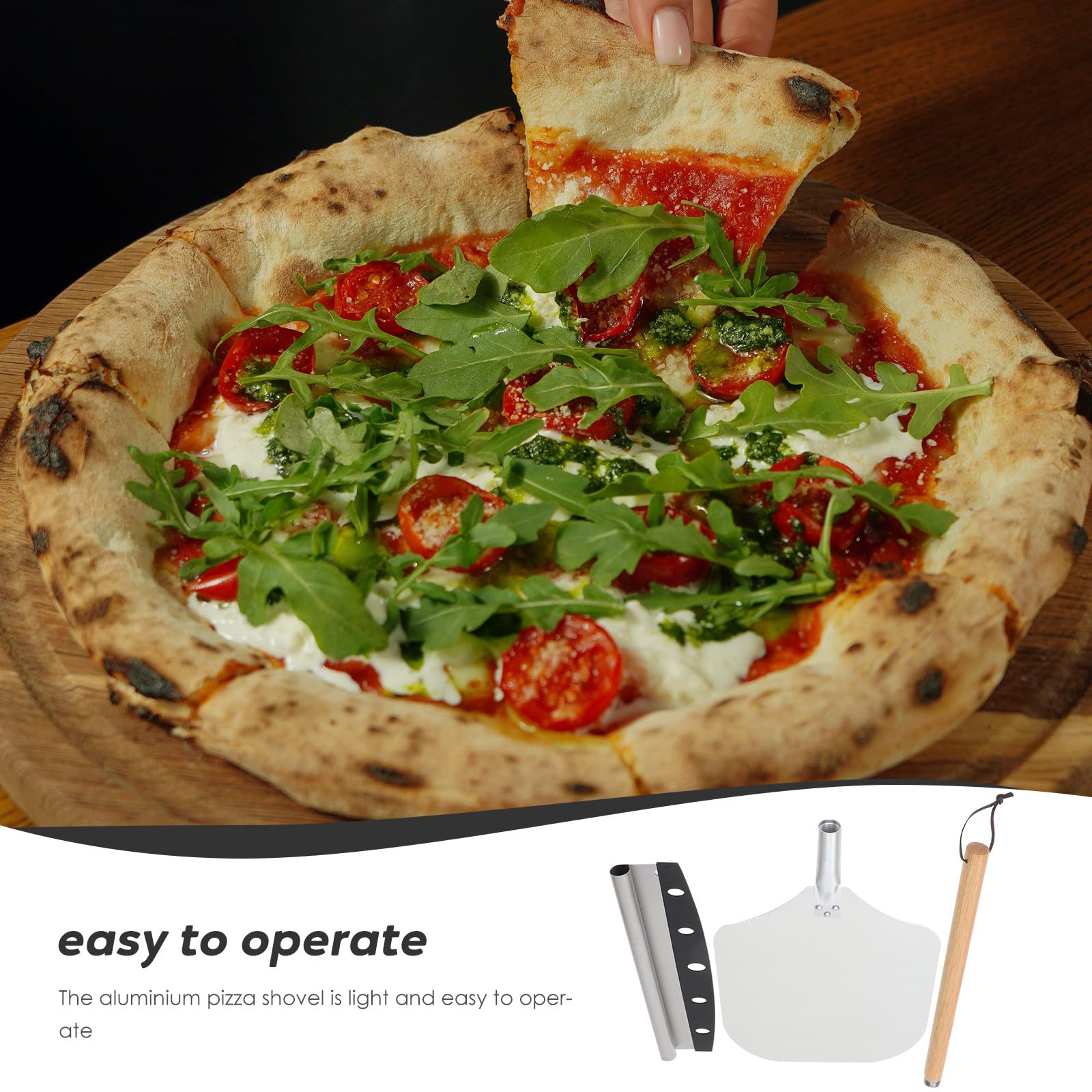 DOITOOL 2 Stück Pizzaschneider und Pizzaschaufel aus Aluminium und Holzgriff Abnehmbar für Pizza und Kuchen Backzubehör Platzsparend und Hitzeschutz für Backofen Anwendungen