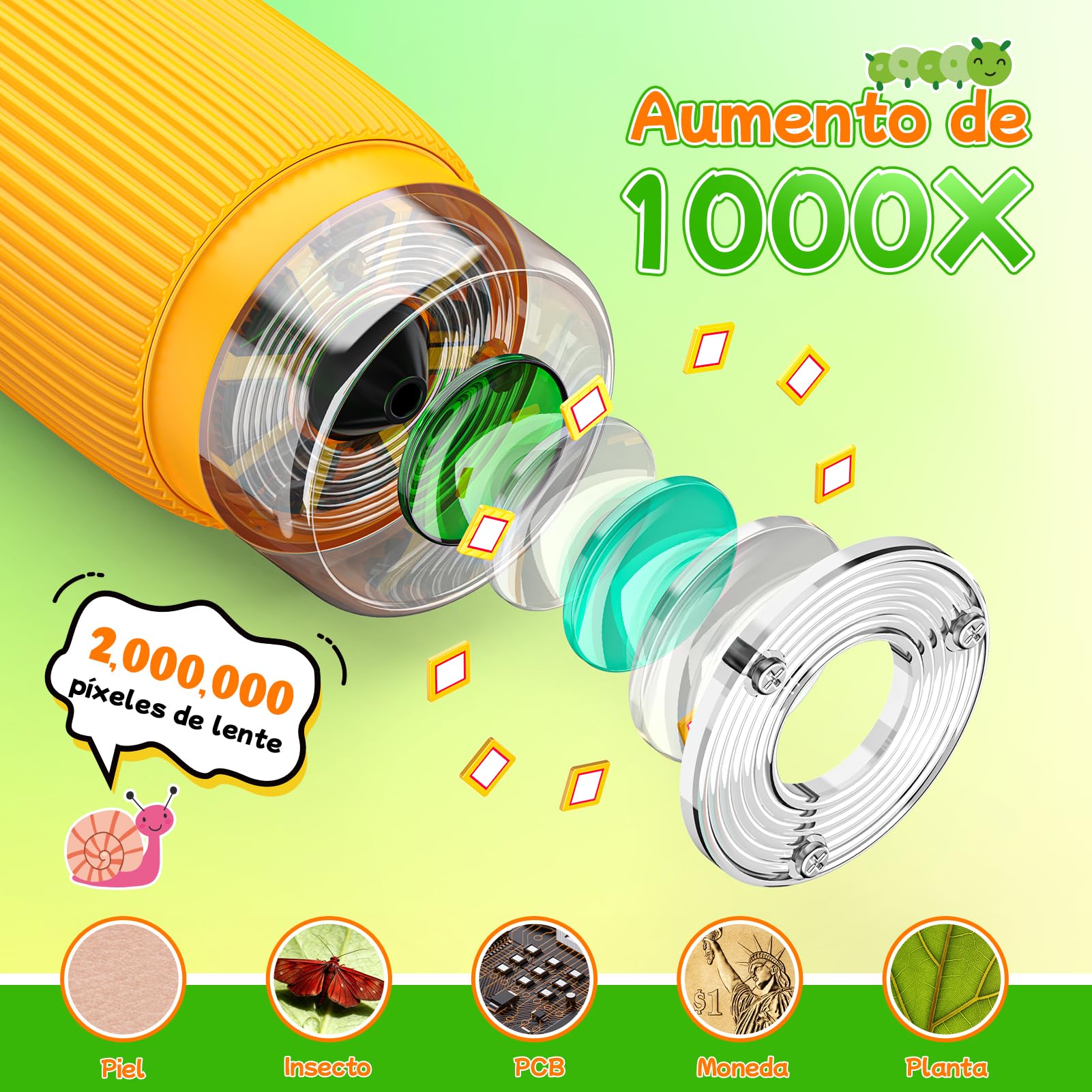 Microscopio Digital para Niños, 1000X Microscopio Portátil con Pantalla IPS 2.0" y 8 Leds, Recargable, Juguete Regalo para Niños de 3-12 Años - Regalo Navidad Niño Halloween
