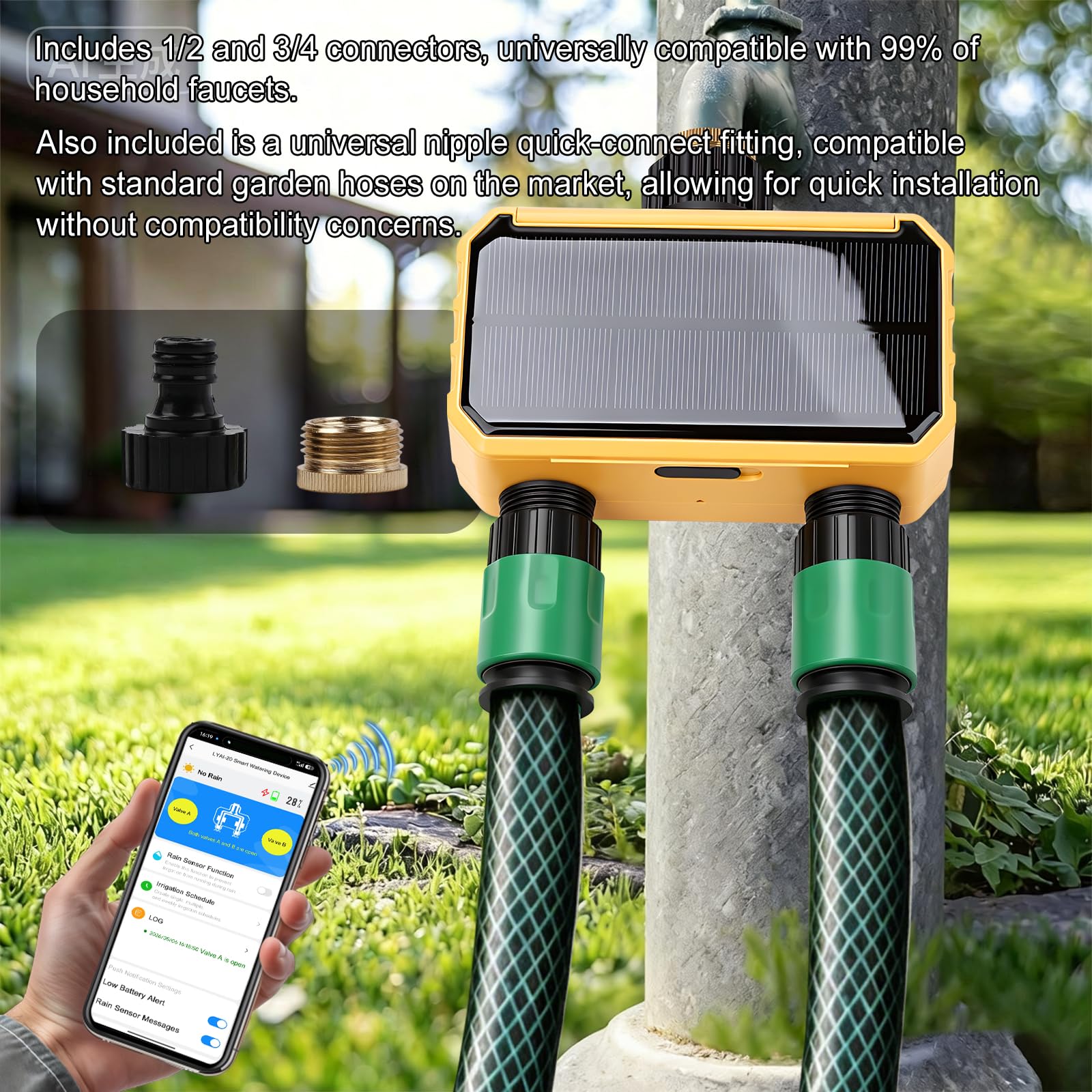 Solare Centralina Irrigazione WiFi 2 Vie, Solare Smart WiFi Water Timer, Telecomando WiFi per controllo automatico dell'irrigazione solare