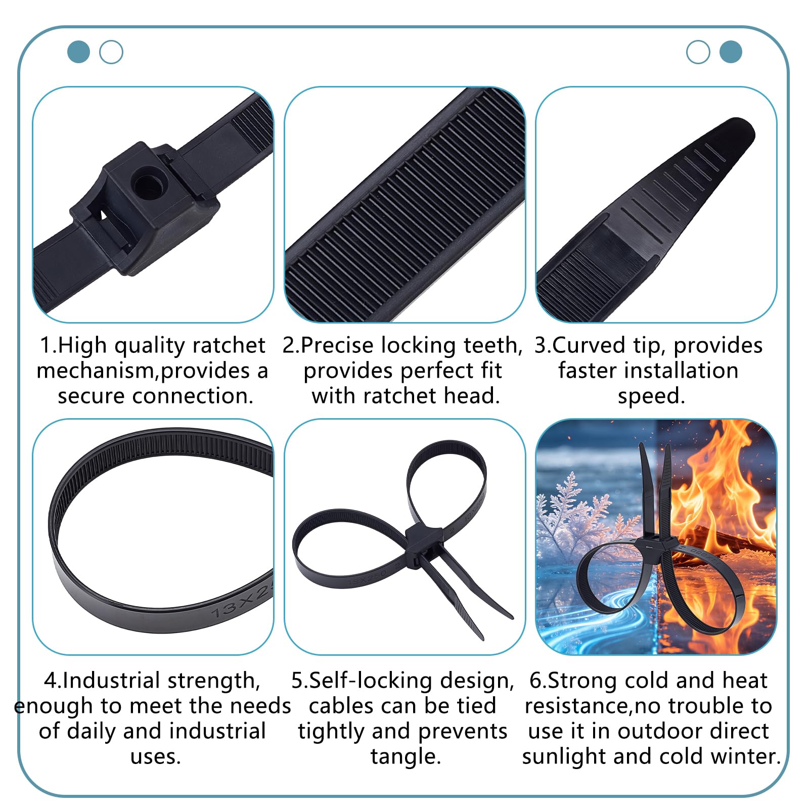 Peacoblue Lot de 70 serre-câbles extra solides - 250 mm - En nylon - Noir
