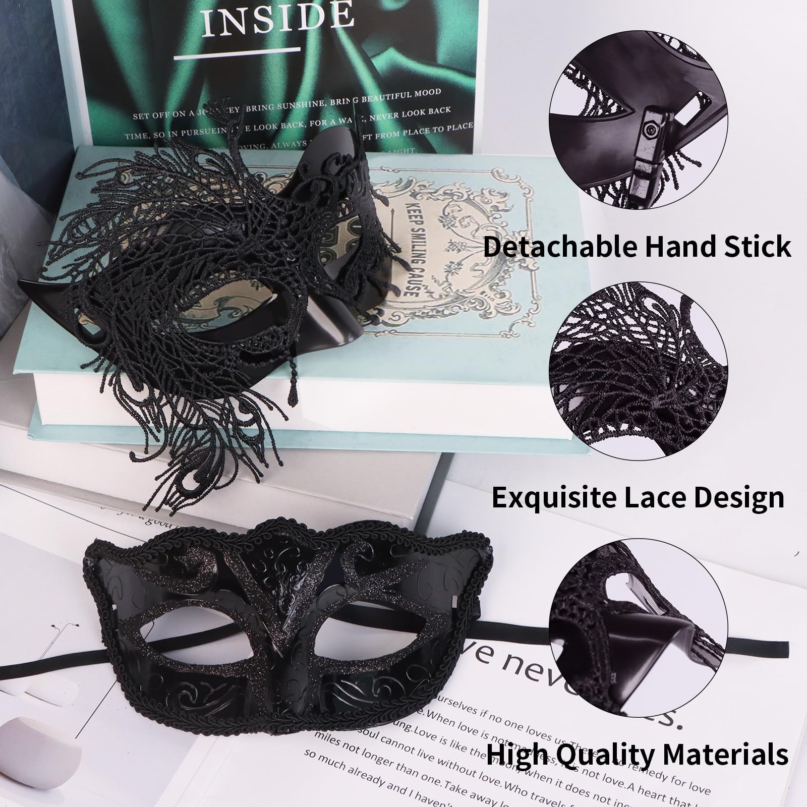 Auliuse 2 Pcs Masquerade Mask with Stick, Women's Masquerade Ball Masks, Black Couple Masks - Image 3