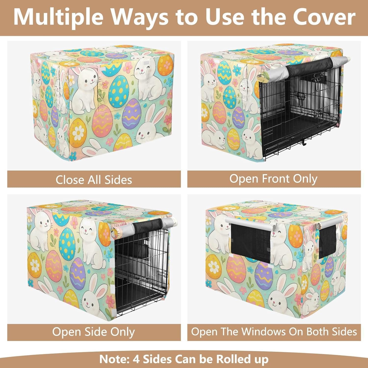 Cute Easter Bunnies Pastel Pet Crate Cover with Roll-up Sides, Washable Dog Crate Cover Indoor Use, X-Large