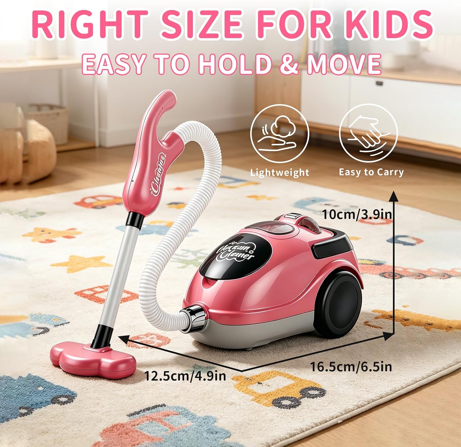 Kids Vacuum Cleaner Toy, Canister Toy Vacuum for Ages 3+, Pretend Play Cleaning Toy with Hose, Rolling Wheels, Sound Effects & Light Suction, Gift for Boys Girls（RED） image 4