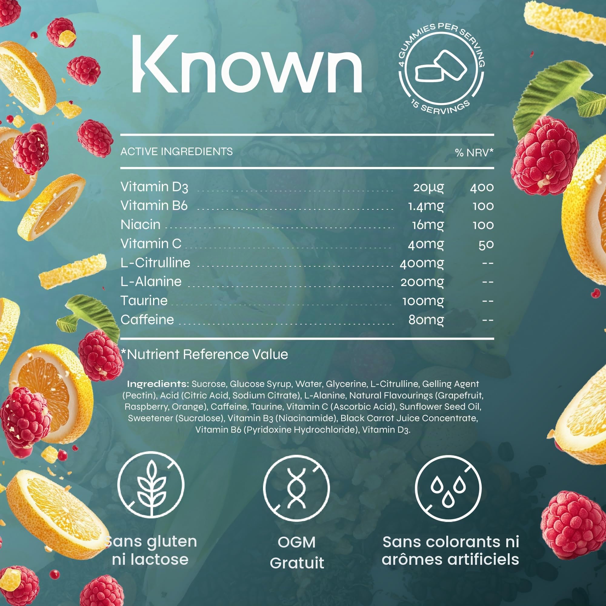 Known Pré-Entraînement Gummies – Saveur Framboise & Yuzu – Complément Gommes Végan – Caféine, Taurine, Citrulline, Alanine, Vitamines D3, B3, B6, C – Énergie, Concentration & Endurance – 15 Portions