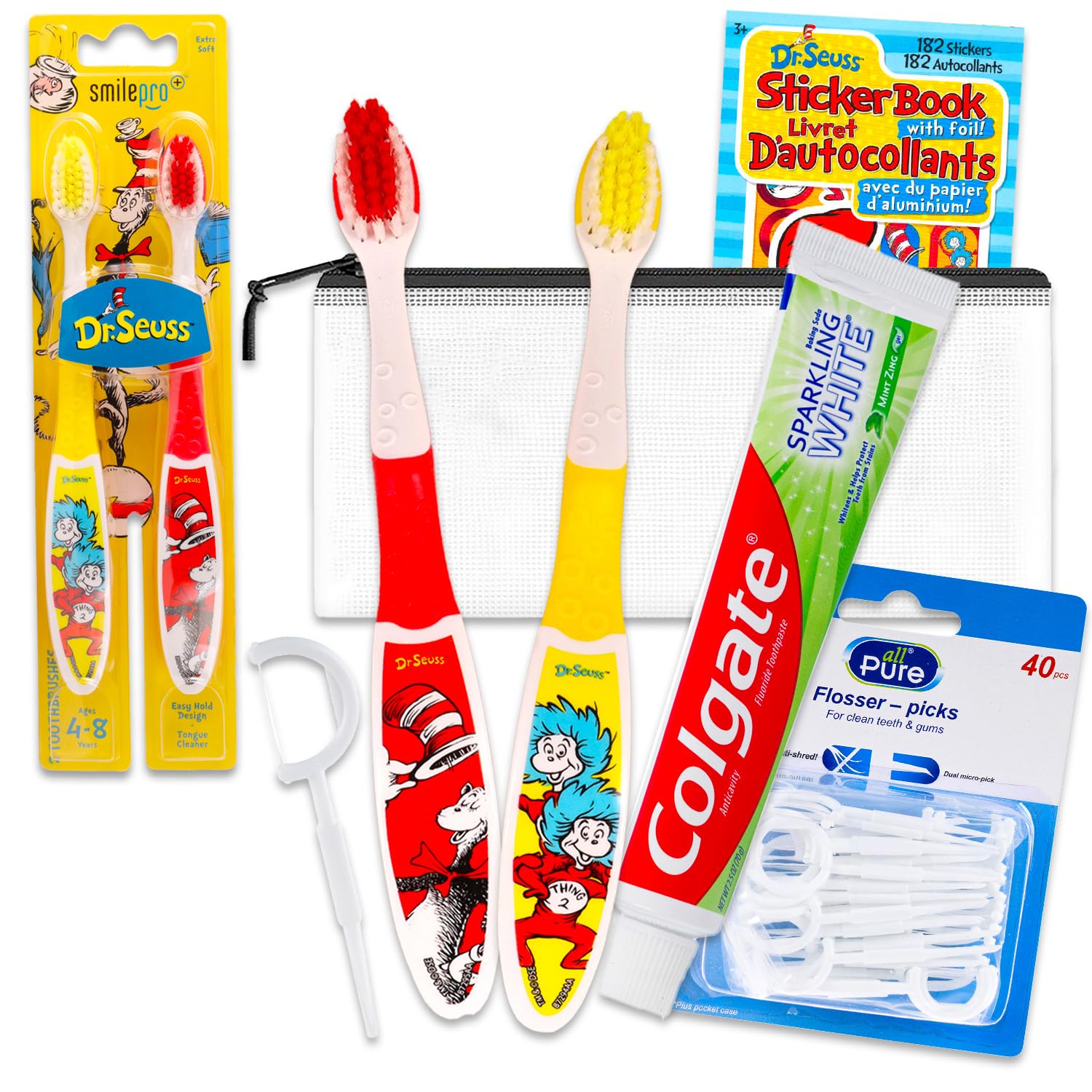 Oral Care Traveling Kit for Kids - Bundle with 2 Toothbrushes, Toothpaste, Floss, Travel Bag, More for Boys, Girls, Toddlers Toothbrush Set
