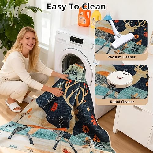 Miniatura 5 de Alfombras de área de 4 x 6 pies, antideslizante, bohemio, tribal, naturaleza, rústico, vintage, lavable, grande, ciervo, alce, alfombra retro para