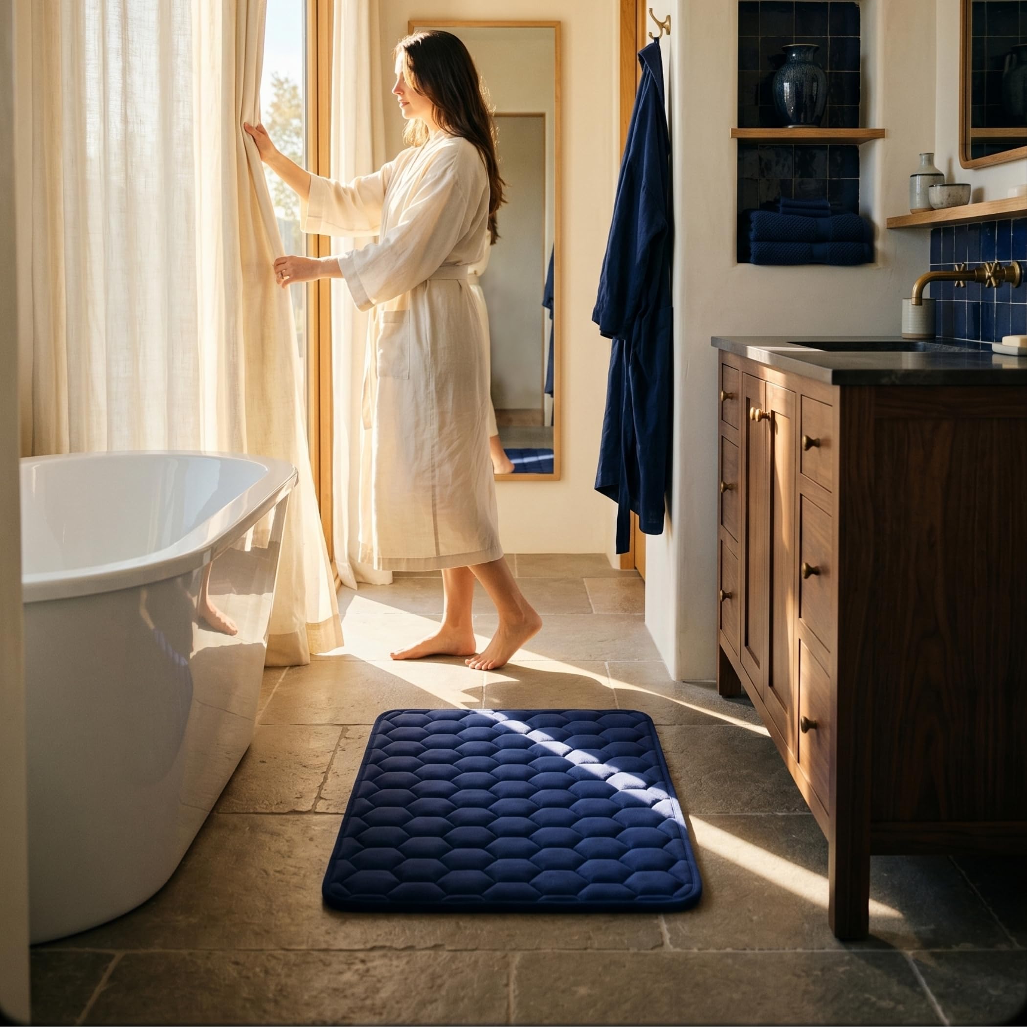 ALBERE Tapis de Bain Haut de Gamme en Mousse à Mémoire de Forme 2 cm, Antidérapant SBR, Ultra Absorbant, Doux et Moelleux, Séchage Rapide, 50x80 cm, Bleu Marin