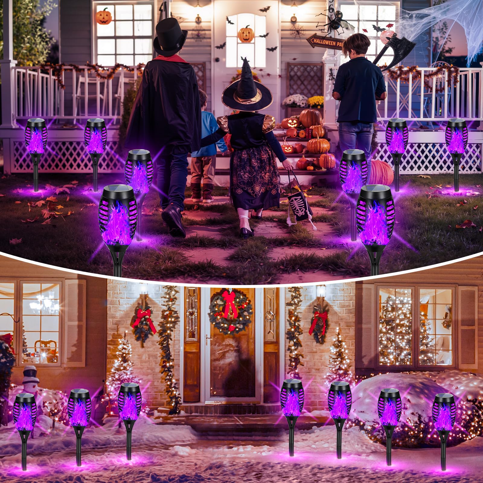 Luces solares para exteriores, decoraciones de Halloween, paquete de 4 luces solares moradas mejoradas con llama parpadeante, luces de Halloween impermeables para exteriores, antorchas Tiki para