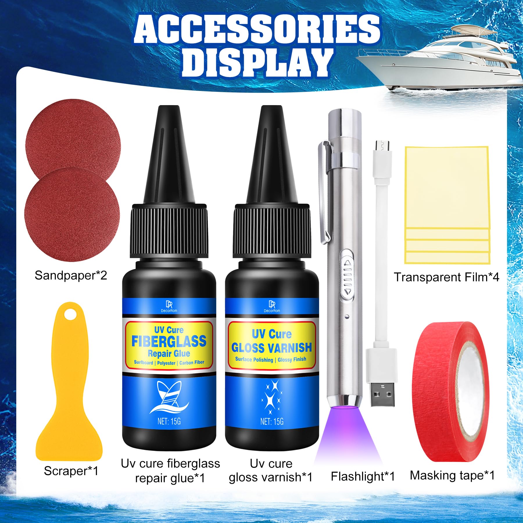 Kit De Réparation Fibre De Verre UV Pour Planche De Surf, Bateau, Jet-ski – Colle 15g + Vernis 15g, Séchage Rapide, Résistant