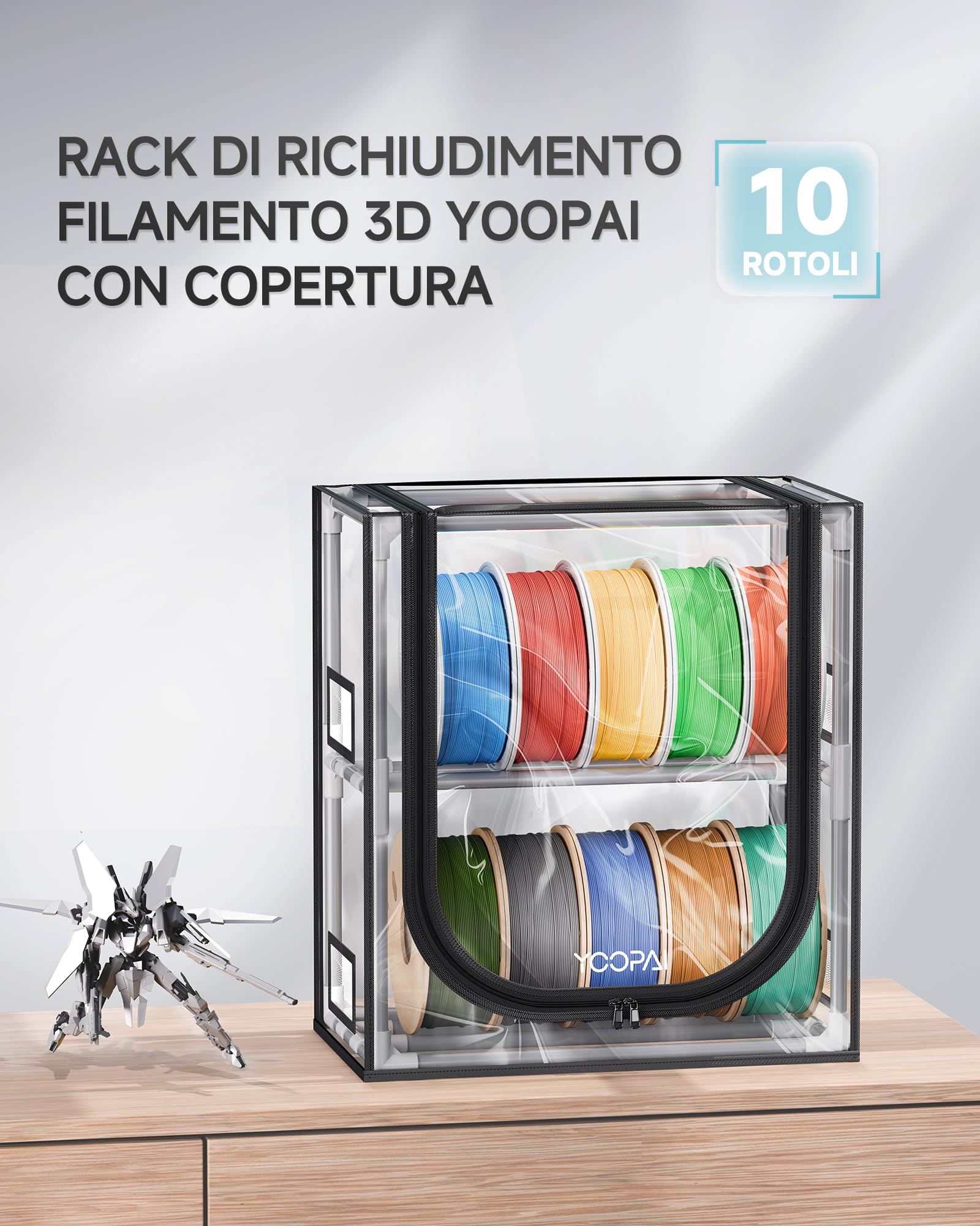 YOOPAI Scatola Portafilamenti per Stampanti 3D, 2 Ripiani in Metallo con Coperchio Trasparente & Essiccante – Per 12 Bobine (PLA, ABS, PETG, TPU), Design a Tenuta, Compatta per Officina e Casa