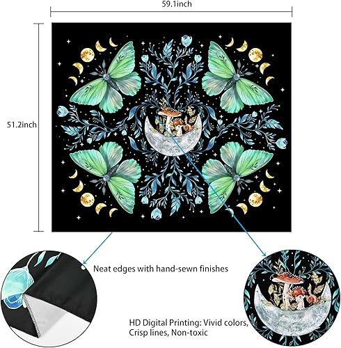 Miniatura 6 de Lyacmy - Tapiz de polilla de luna, tapiz de hongos, tapiz estético de mariposas, tapiz de plantas florales verdes, tapiz para colgar en la pared de