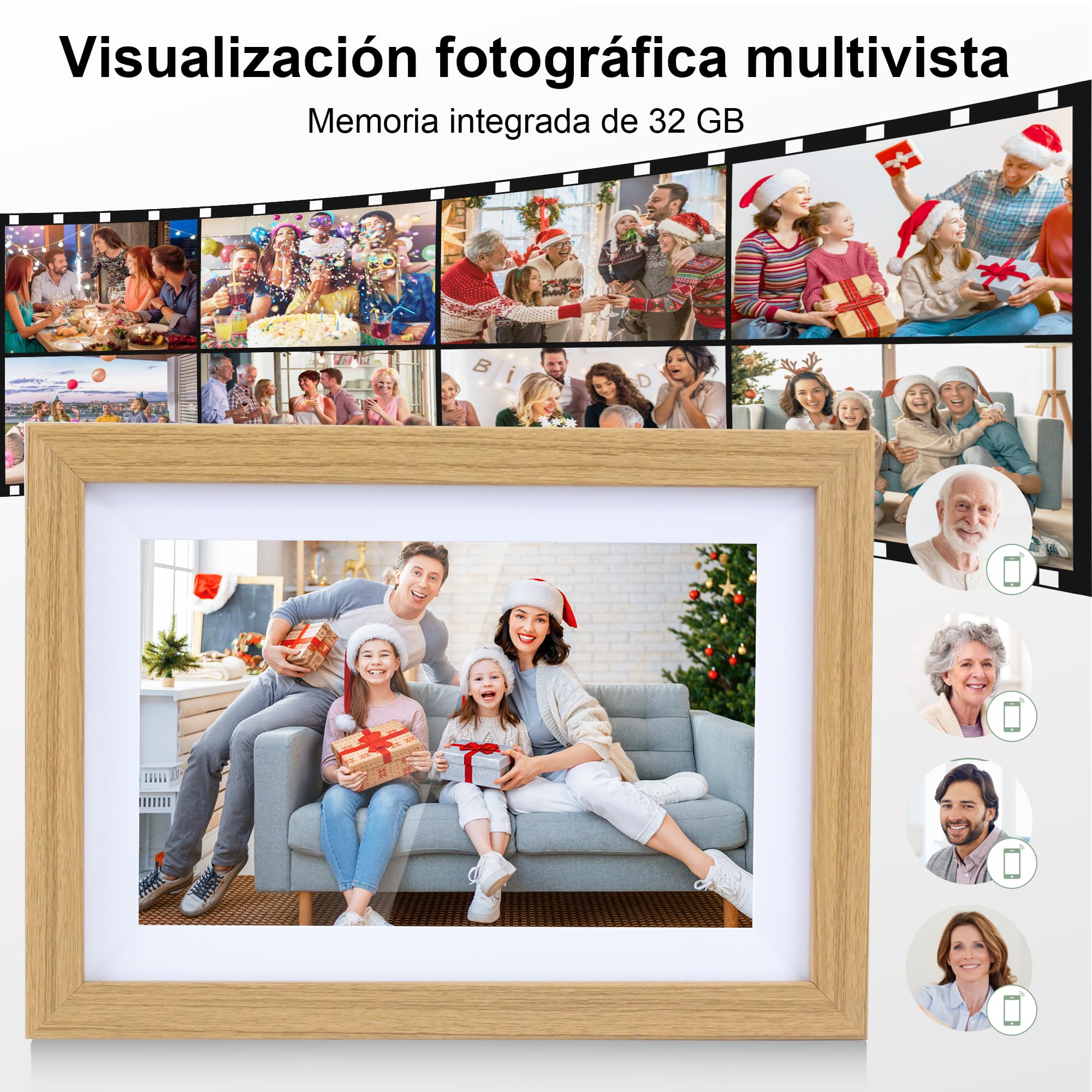 Veidoo Marco de Foto Digital WiFi, Pantalla Táctil de 10 Pulgadas, 32 GB Memoria, Rotación Automática, Música/Video/Calendario/Reloj, Fotos y Videos a través Frameo, Regalo para la Familia(Burlywood)