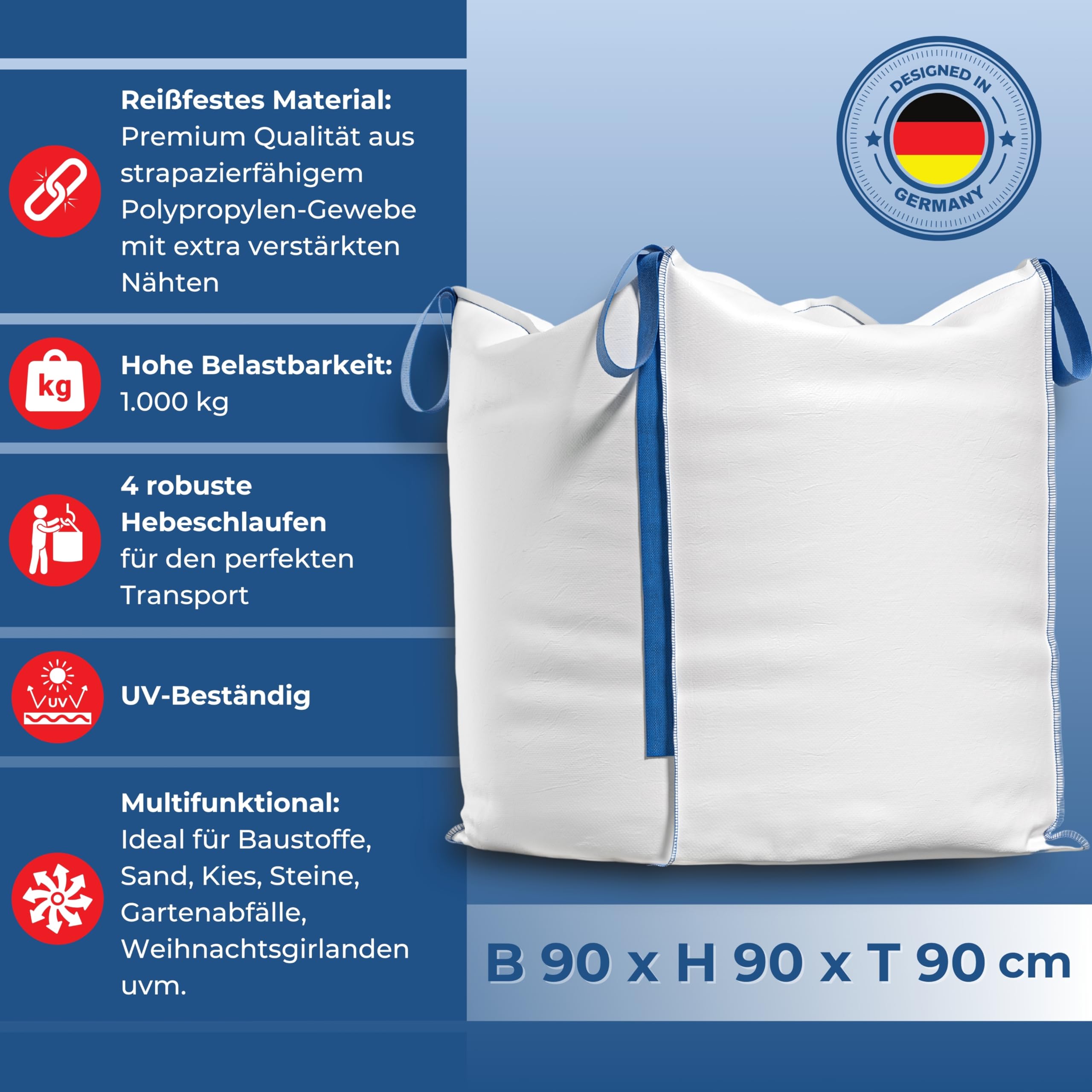 Big Bag – Premium Säcke für Bauschutt, Gartenabfälle, Holz, Sand, Erde, Grünschnitt, Weihnachtsgirlande – 90x90x90cm 1.000kg mit 4 Hebeschlaufen für Transport (1 Stück (1er))