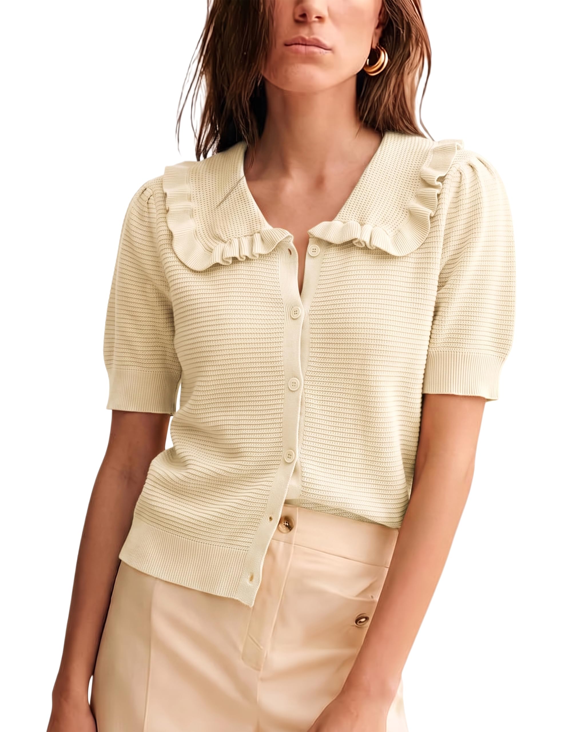 Watashi Womens Ruffle Collar Puff Short Sleeve Knit Sweater