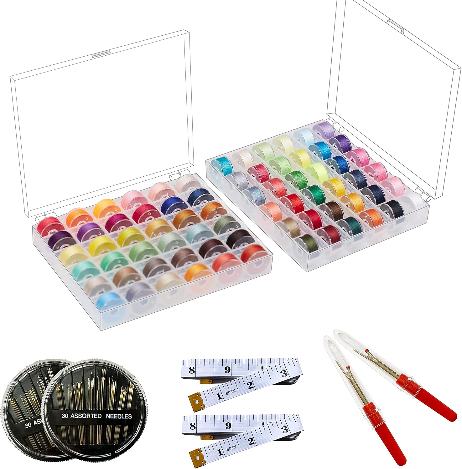 HimaPro 72 PCs Assorted Color Bobbins with Storage case Compatible for Brother, Babylock, Janome and Singer etc (SA156)- 40 Weight- Comes with Soft Tape Measures, Assorted Needles, and Seam Rippers
