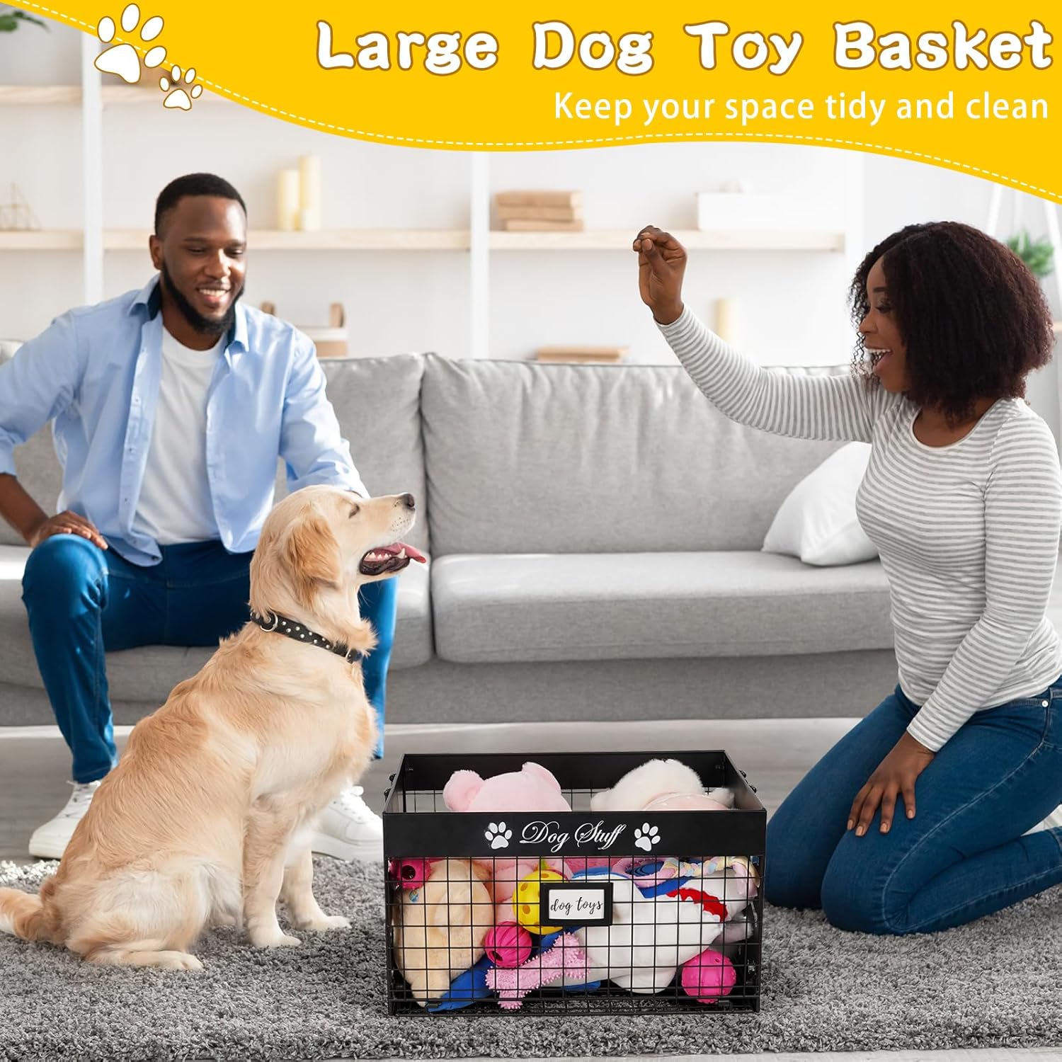 Dog Toy Basket - Large Dog Toy Box with Handles and Label Position Design for Living Room, Metal Dog Toy Bin Storage for Dogs Chew Pets Toys, Blankets, Clothes, Food (Black)