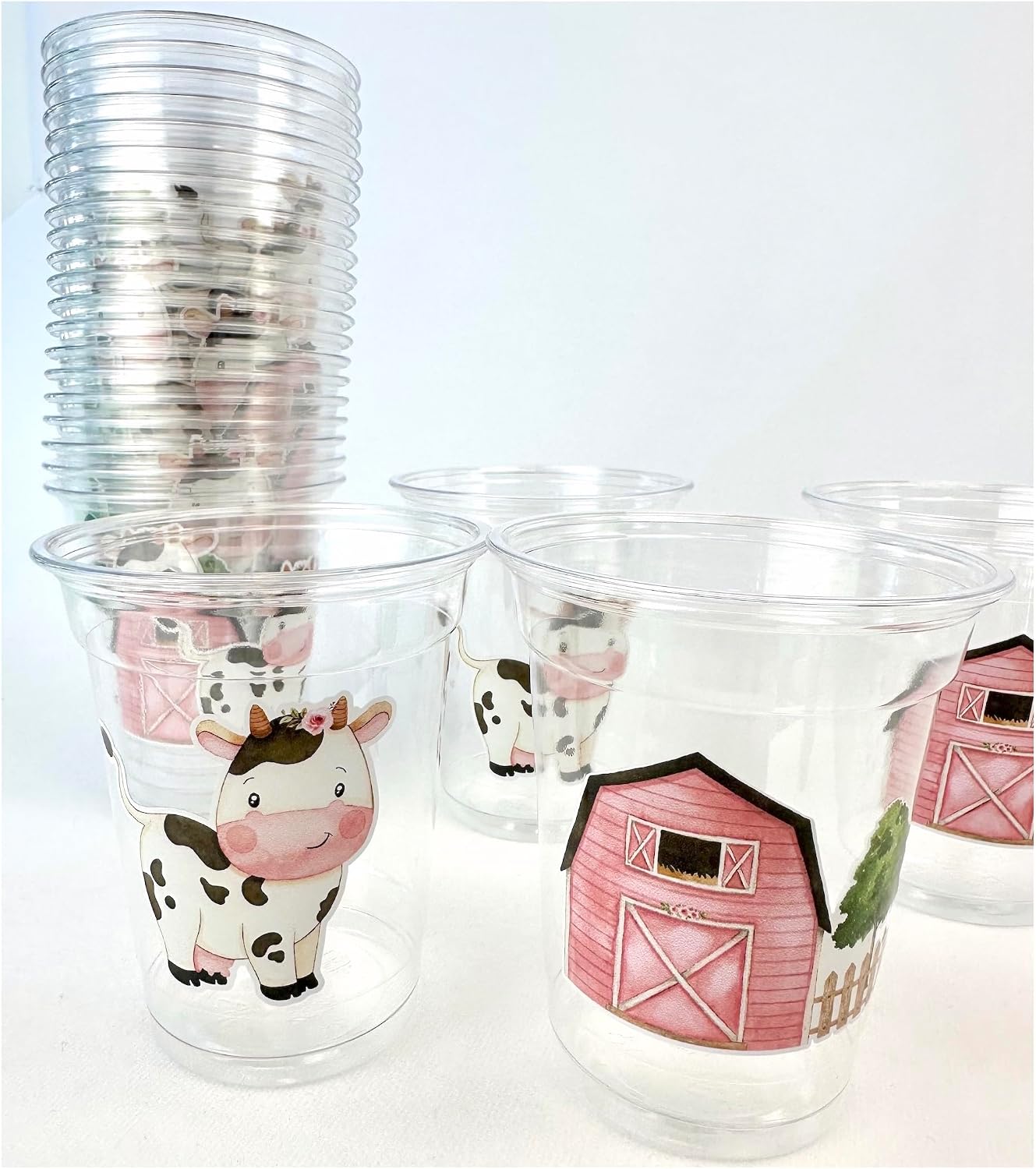 Farm Party Clear Plastic Cups, 12 oz, Pink Barn and Cow Design, Girl Birthday or Baby Shower, 24 Count