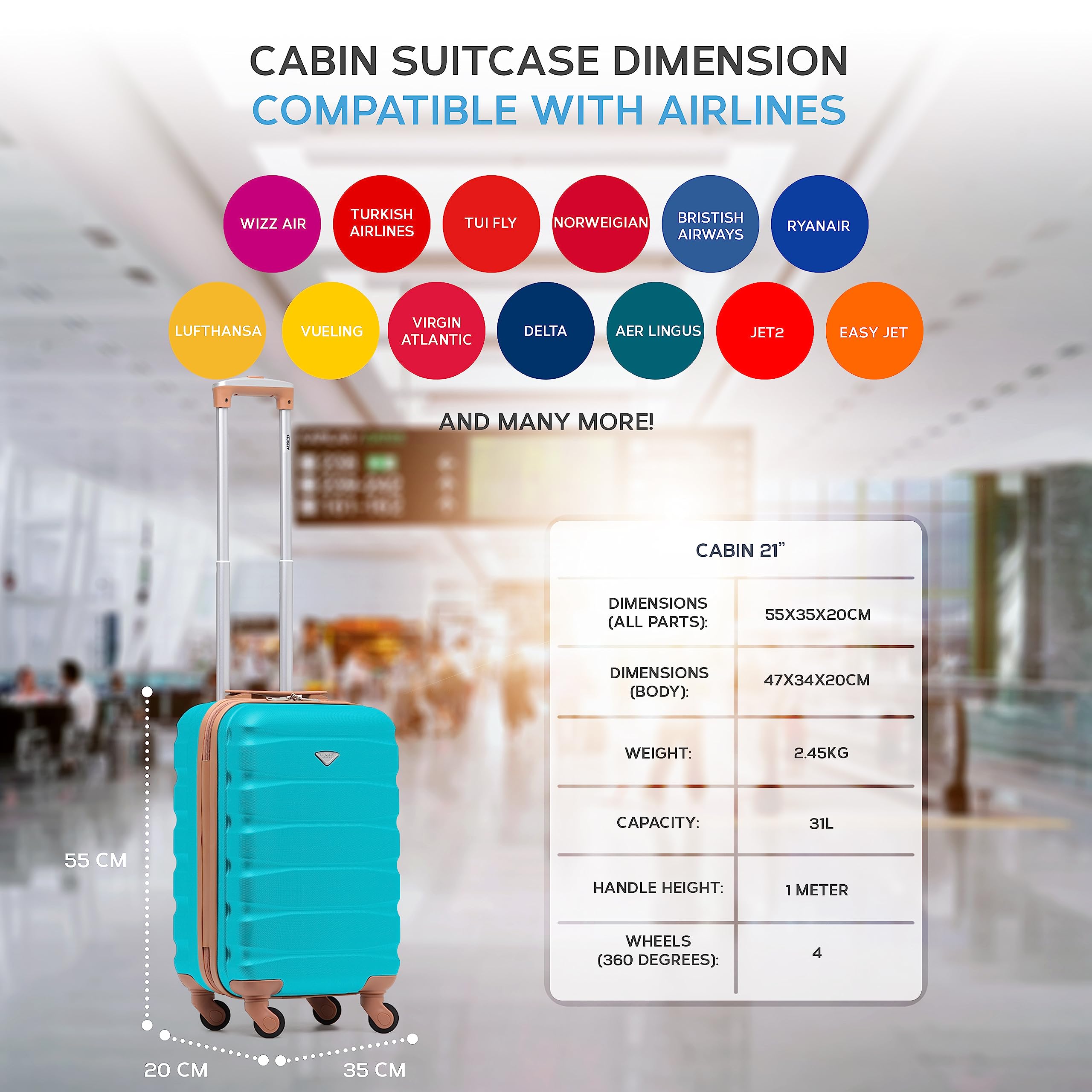 Flight Knight Cabin Suitcase 55x35x20, Carry On for Over 100 Airlines Like Ryanair, EasyJet, British Airways, Virgin Atlantic Lightweight Small Durable Cabin Bag, ABS Hard Shell, Hand Luggage