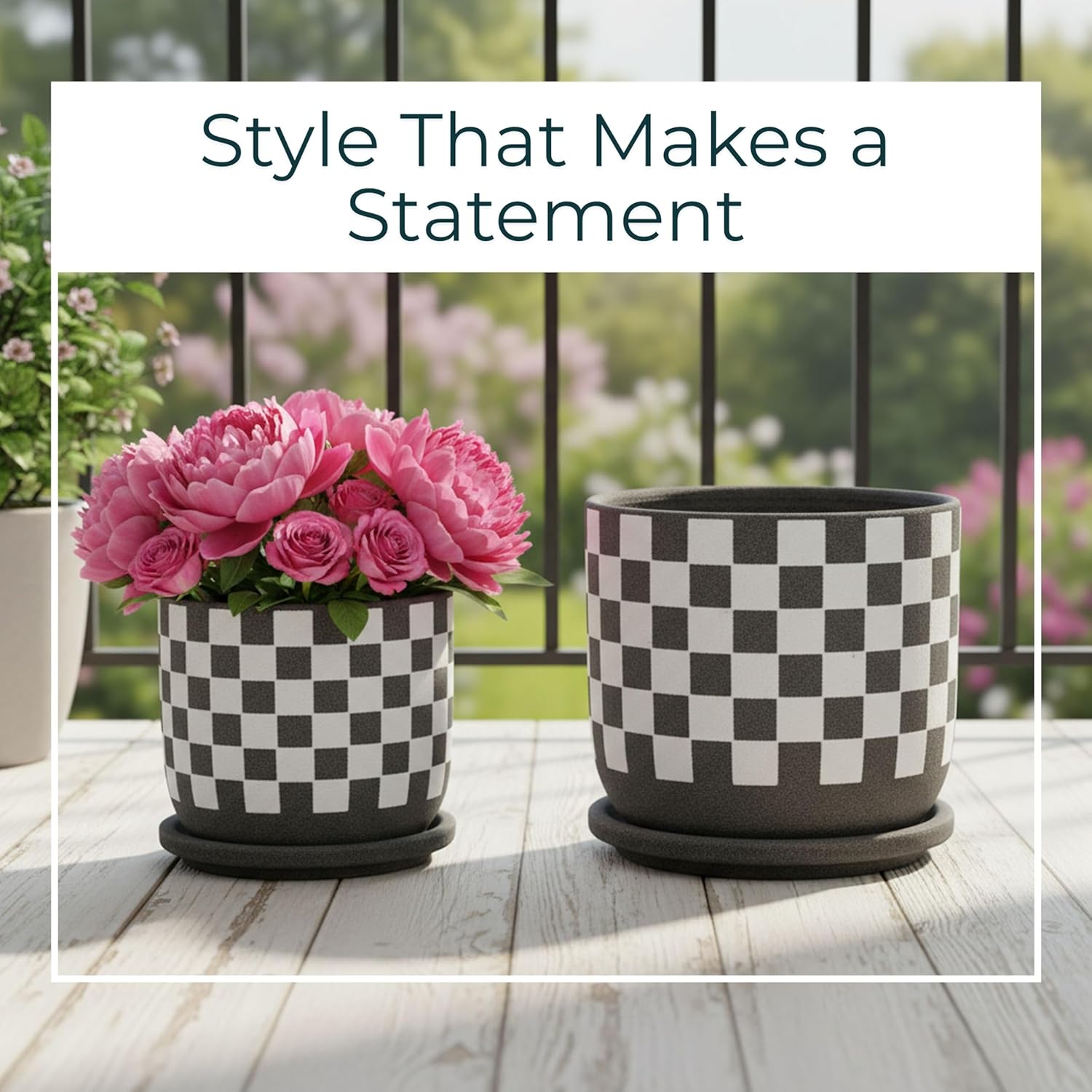 Set of 2 Checkerboard Saucer Planters – Ceramic Plant Pots - Decorative Pots for Plants - Ceramic & Stoneware – Indoor & Outdoor – Stylish Pot for Plants with Drainage - 5/6", Black & White