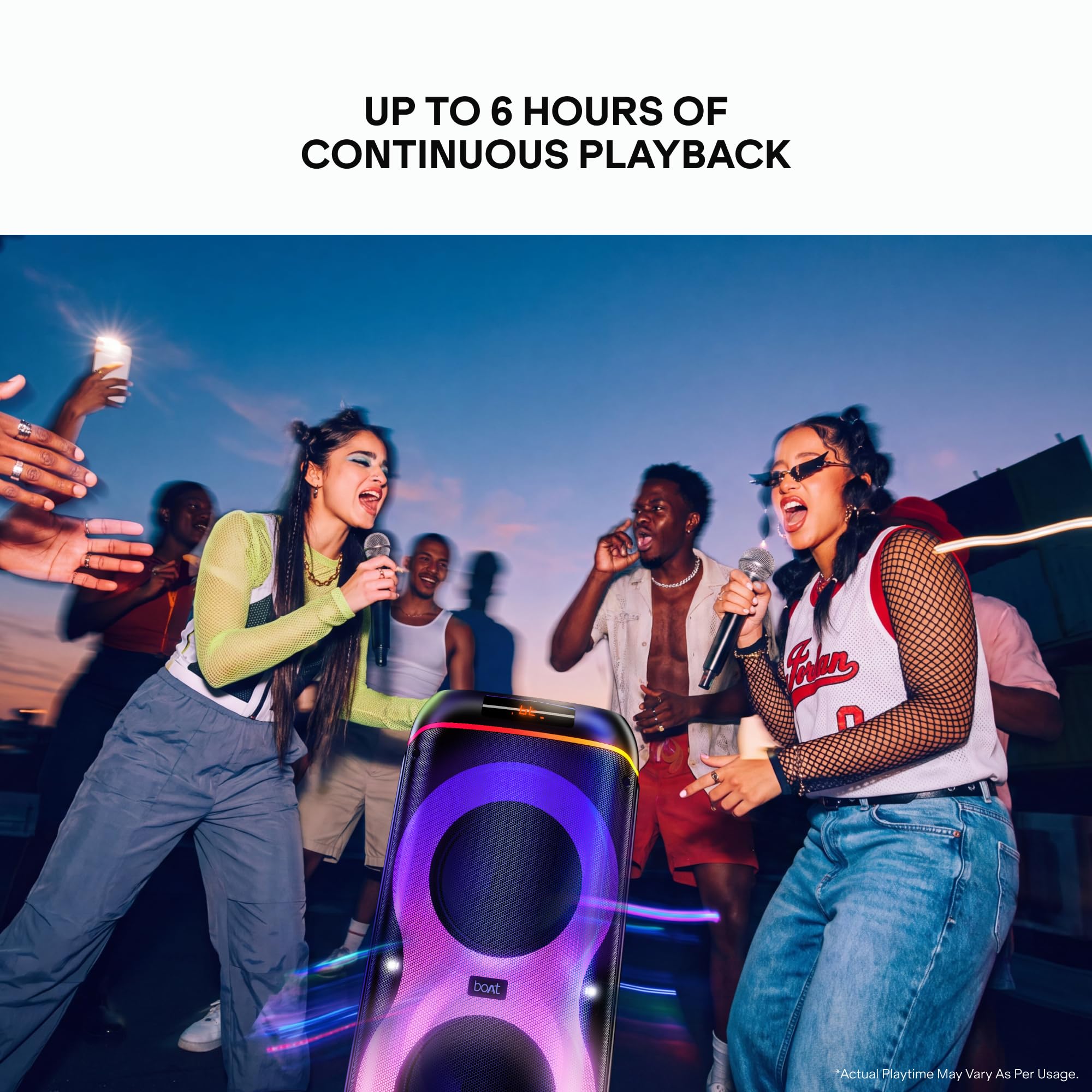 boAt 2026 Launch PartyPal 390 Plus, Karaoke Auto-Tuner, 160W Output, 1 UHF Wireless Microphone, Vibrant RGB LEDs, Hearables App Support, TWS Mode, Guitar Input Port, Multi-Compatibility (Onyx Black) — Amazon image 6