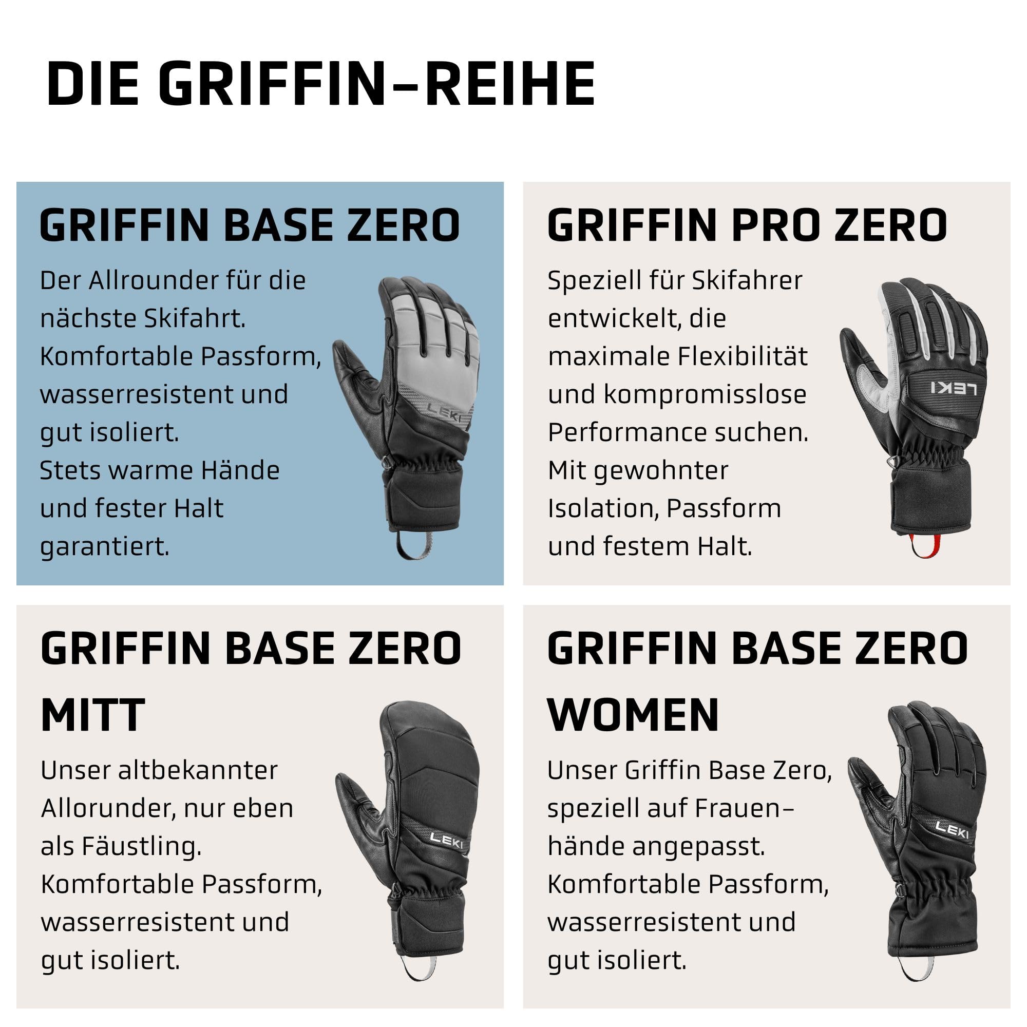 LEKI Griffin Base Zero - Guantes de esquí para Hombre, Resistentes al Agua, cálidos Guantes de Invierno de Softshell, Neopreno y Piel de Cabra