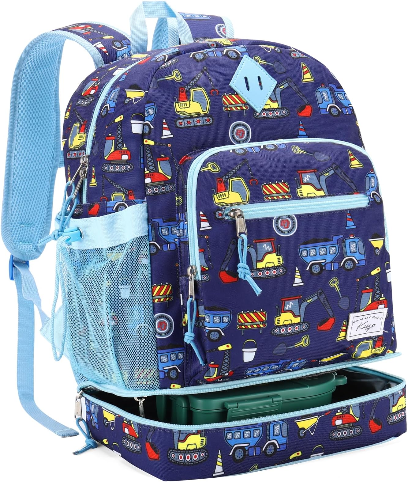 Kids School Backpack with Insulated Layer - 18L Water-resistant 2 in 1 Primary School Bags Set for Boys Ages 8-12, Fits A4 Folders, with Reflective Strip & Chest Strap Blue Vehicles