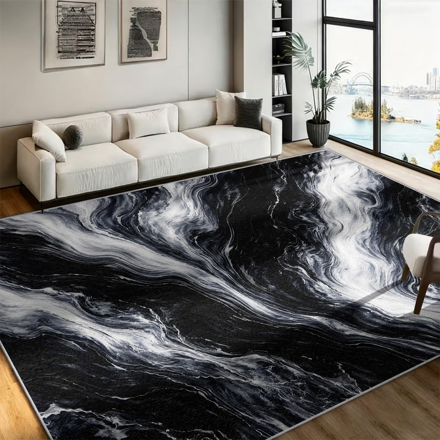 Marble Rugs for Living Room, 4x6ft, Minimalist Abstract Black and White Marble T…