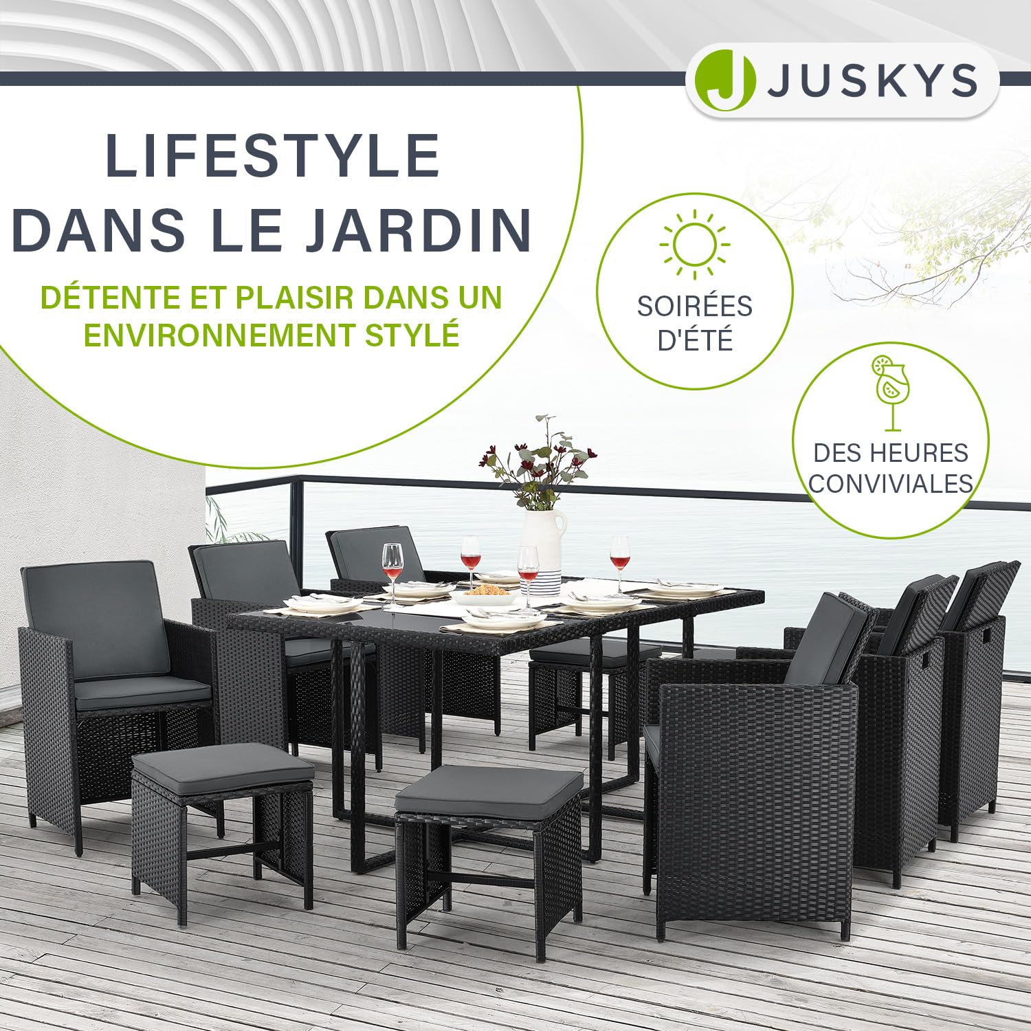 Juskys Groupe de sièges en polyrotin Baracoa XL 11 pièces résistant aux intempéries et empilable - Ensemble de mobilier de Jardin avec 6 chaises, 4 tabourets et Table - Noir, 10 Personnes