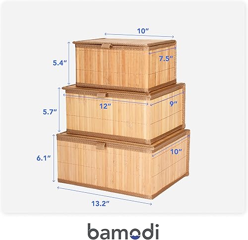 Miniatura 3 de Cajas de Almacenamiento Decorativas de Bambú con Tapas - Caja Rectangular Anidable con Tapa para Organización - Cesta Apilable con Forro de Tela -