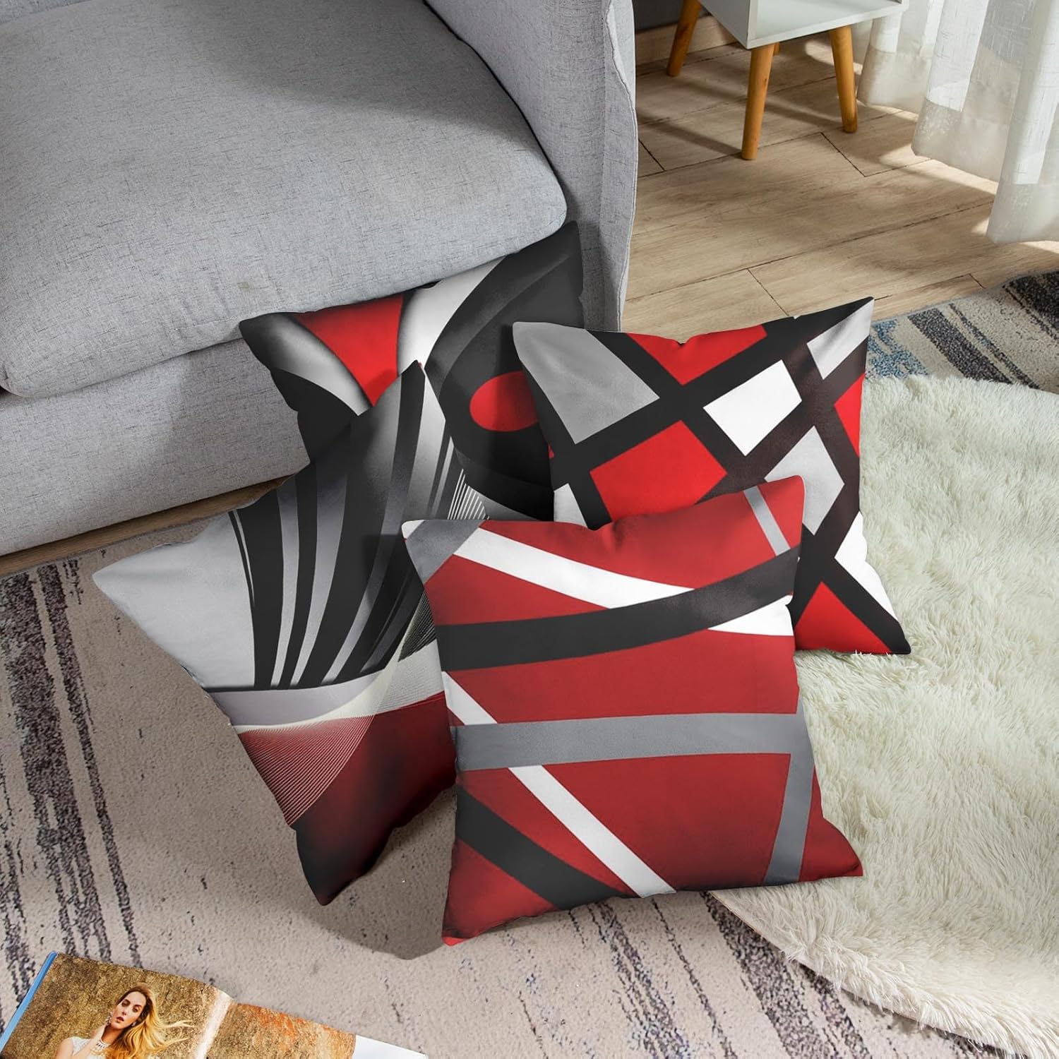 Emvency Set of 4 Throw Pillow Covers Modern Abstract Red Stripes Gray Black White Acrylic Bold Grey Decorative Pillow Cases Home Decor Square 26x26 Inches Pillowcases
