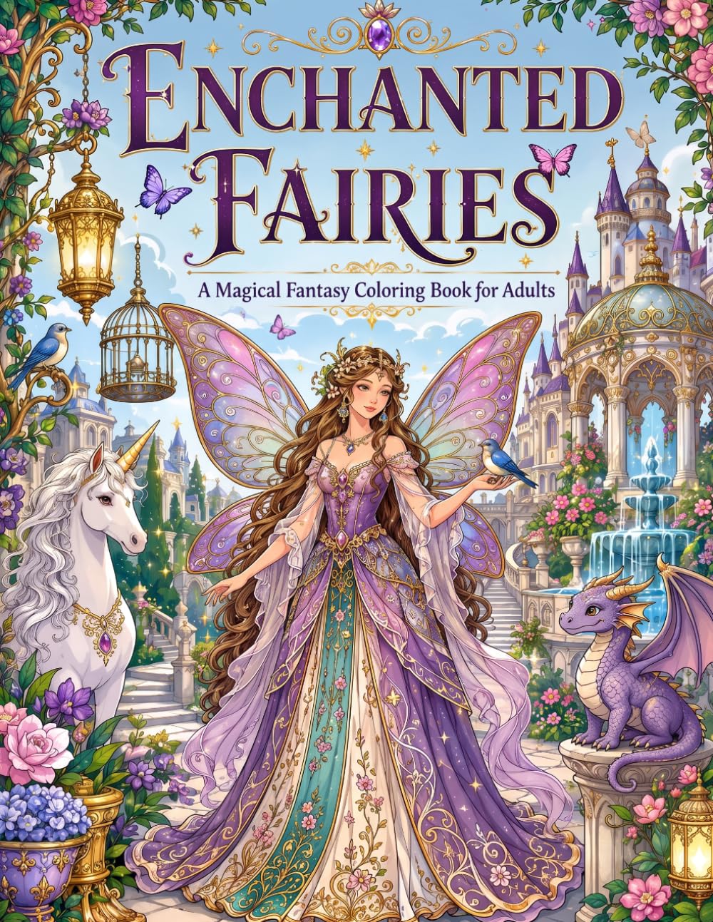 Enchanted Fairies: A Magical Fantasy Coloring Book for Adults Featuring Elegant Fairies, Enchanted Gardens, Castles, Unicorns & Mythical Creatures | 50 Intricate Coloring Pages