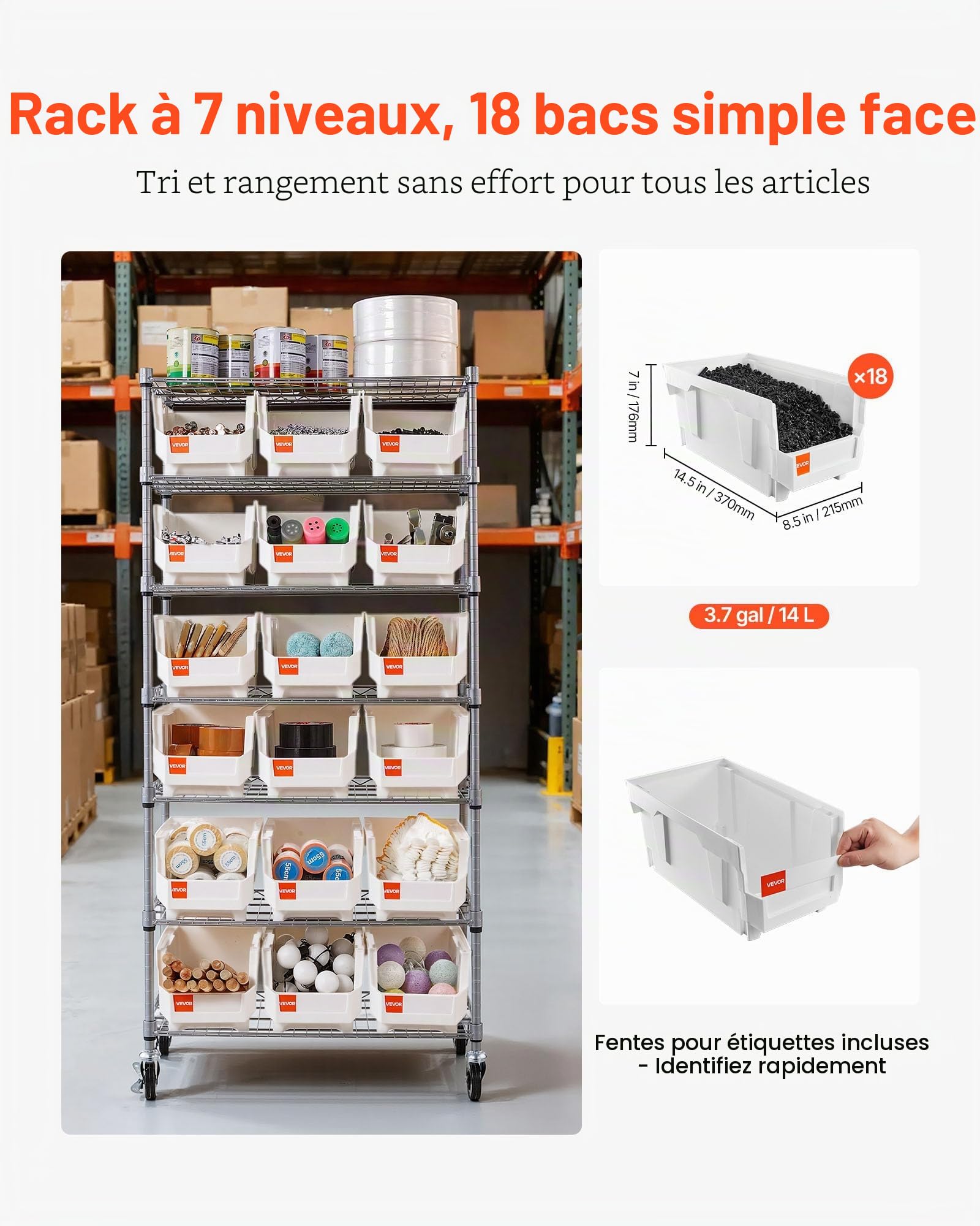 VEVOR Étagère de Rangement Mobile 7 Niveaux Rayonnage sur roulettes 18 Bacs pour Garage, Entrepôt, Bureau, Restaurant, Salle de Classe, Cuisine, en Fil d'acier, avec roulettes Pivotantes et 2 Freins