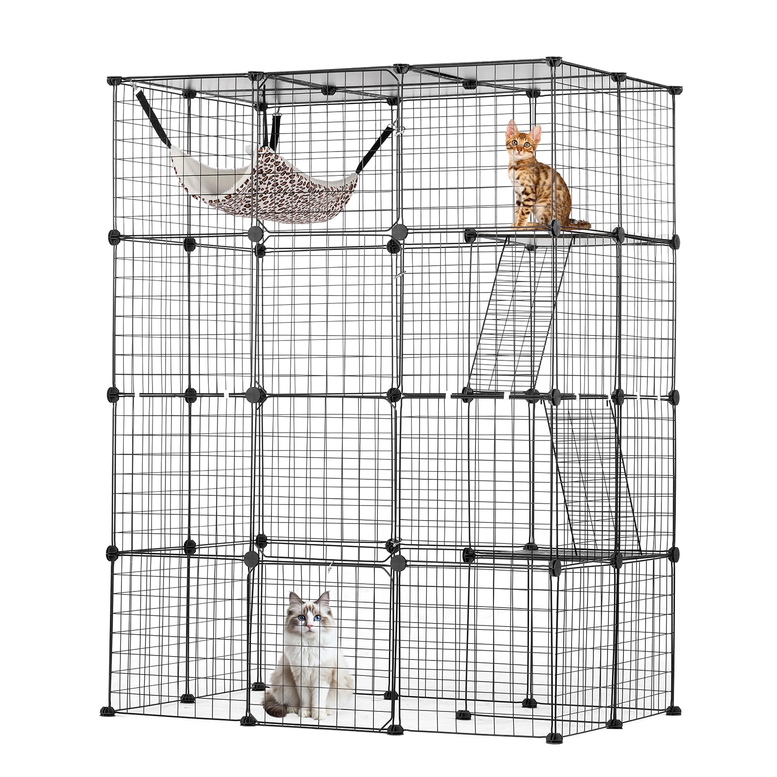 VEVOR Cage Chat 4 Niveaux, Grand Enclos Chats Fil Métallique Modulable Amovible à Monter, avec 4 Portes Avant, Échelle, Hamac, Espace Exercice Extérieur Intérieur pour Petits Animaux, 1041x711x1397 mm