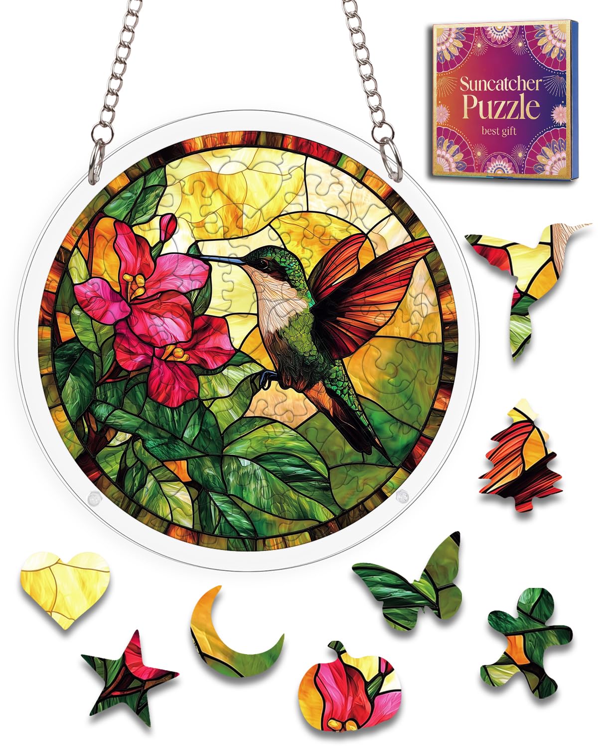 Acrylic Jigsaw Puzzle Suncatcher Hummingbird Flower Adult Puzzles Gift 6.3"