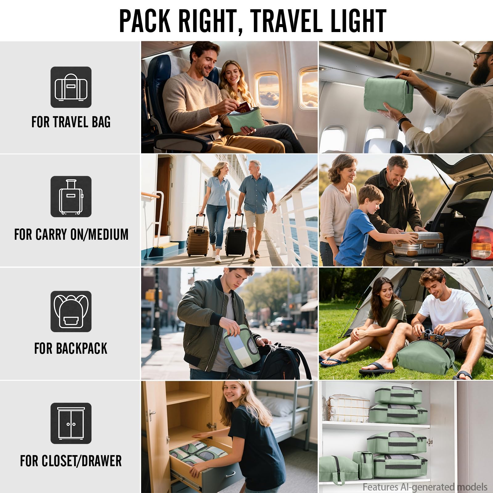 Veken 10 Set Packing Cubes for Travel Essentials,Anti-Wrinkle Buckled Suitcase Organizer for Shoe & Toiletry Bag,Carry On Luggage Bag with 99+ Count Mesh Holes for Airplane & College Dorm Accessories view 8
