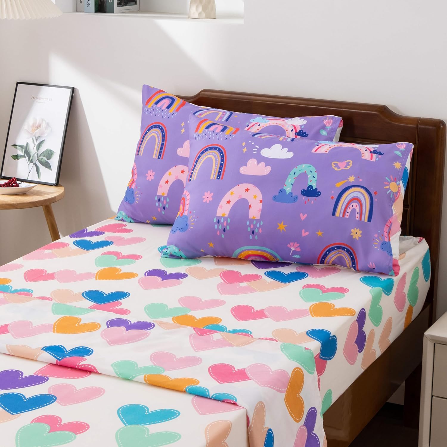 Btargot 5 Piece Dark Purple Rainbow Comforter Set for Girls Boys Kids, Twin Size Cartoon Love Hearts Flowers and Sun Star Bedding Set, Bed in a Bag with Comforter, Sheets and Pillowcases