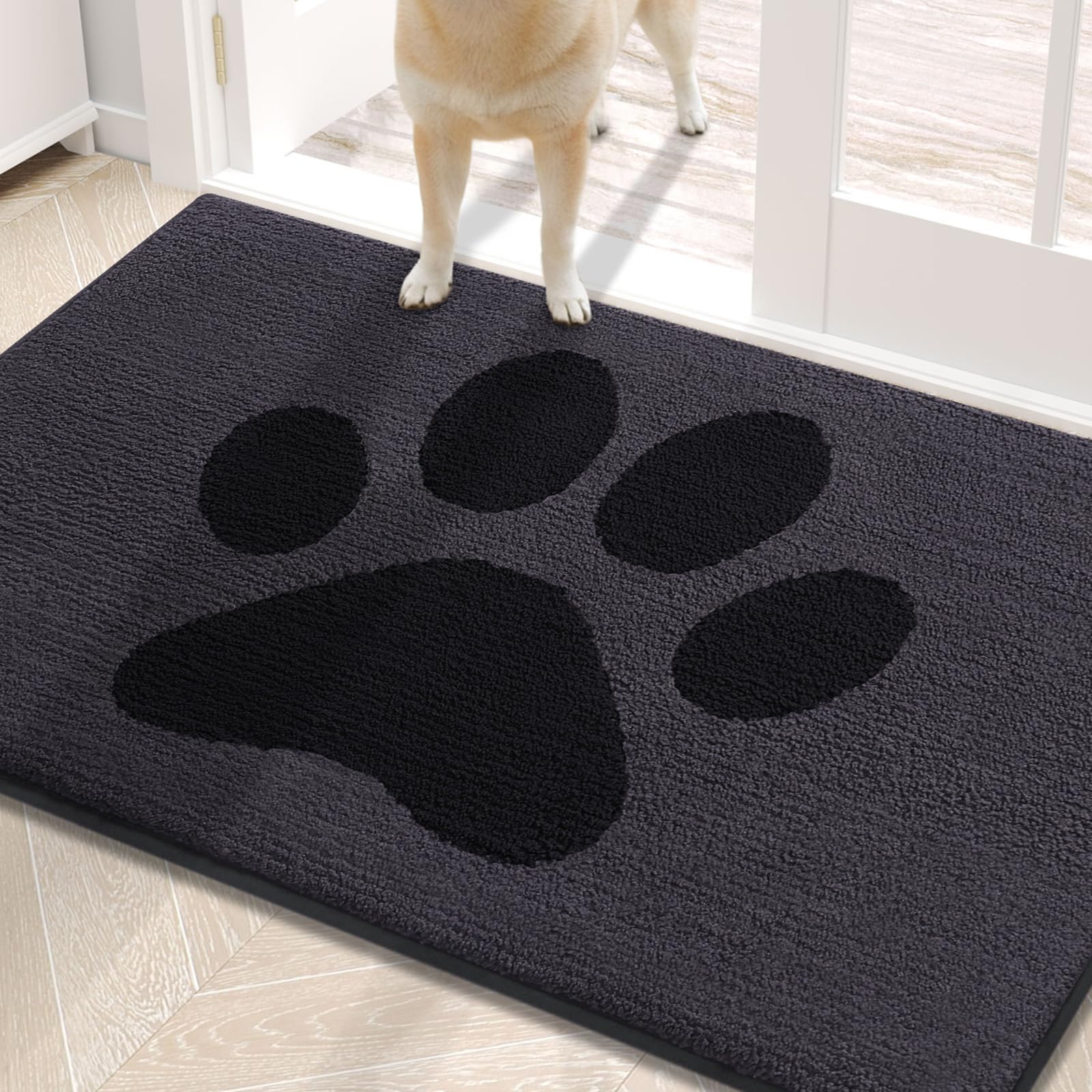 Photo 1 of Buganda Dog Door Mat for Muddy Paws, Absorbent Dirt Trapper Non Slip Indoor Doormats, Washable Low-Profile Mat for Mud Dogs, Entryway Carpet for Inside Floor (30x20 Inches, Black)