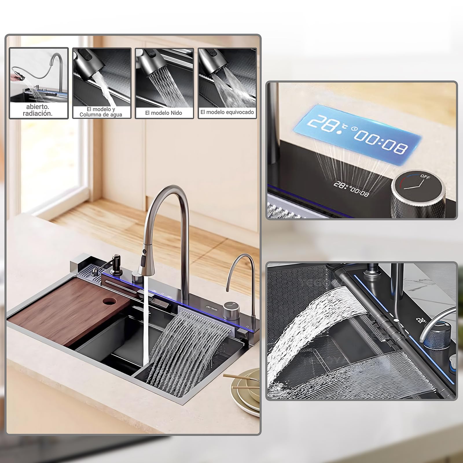Fregadero Multifuncional 1 Seno, Negro Encimera Cocina, Fregadero Inteligente con Cascada Nano Revestimiento con Grifo ExtraíBle,Dispensador De JabóN, Arandela de Taza (68x45x22cm)
