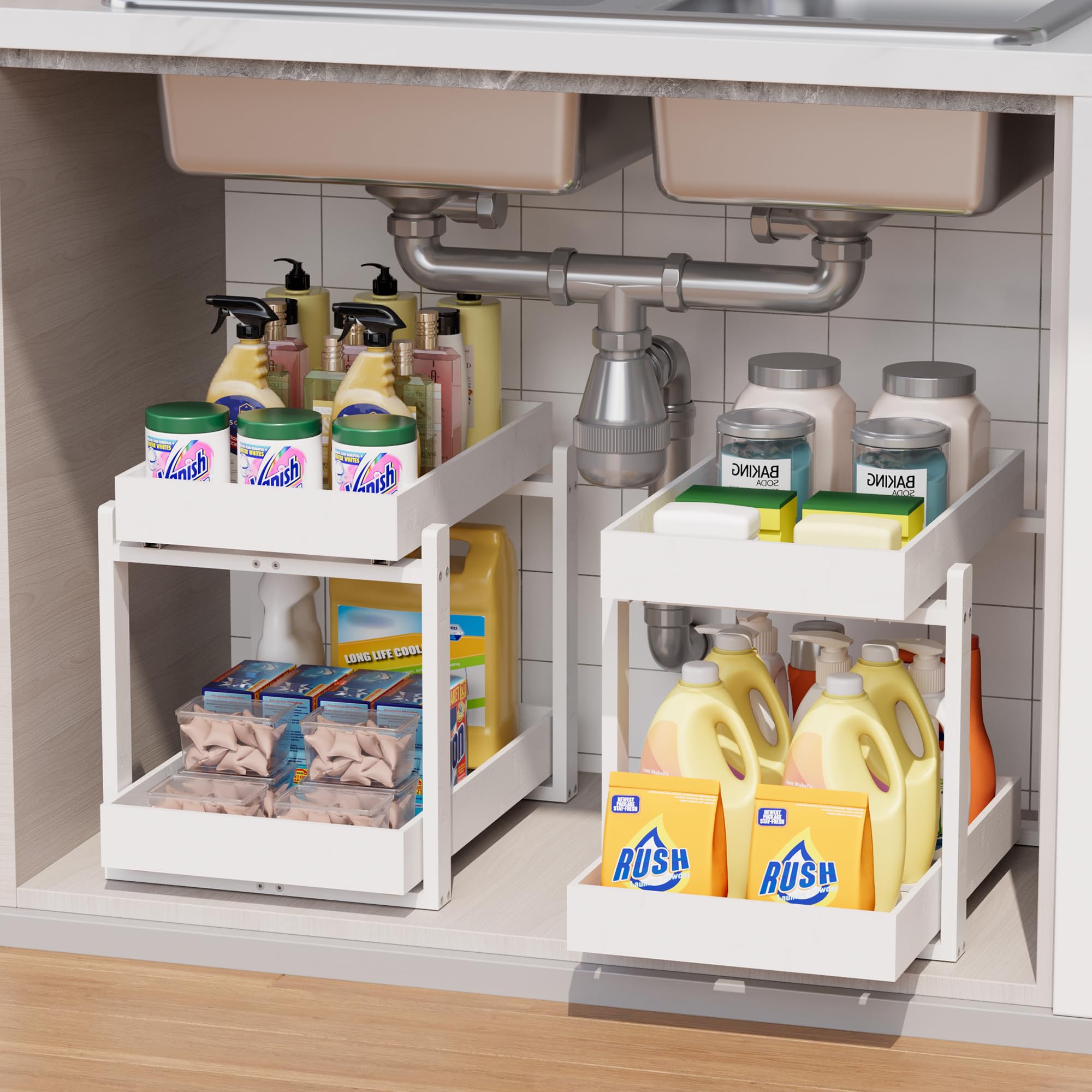 LONTAI Bamboo Wood Under Sink Organizer 2 Pack, Pull Out Cabinet Organizer 2 Tier Under Sink Organizers and Storage with Sliding Drawer Sturdy Easy