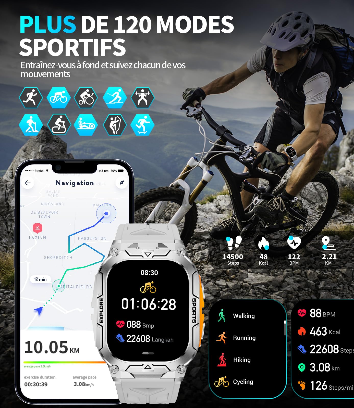 Montre Connectée Homme avec 1000 mAh, Smartwatch Homme LED Lampe 2.01'' Écran HD, Montre Intelligente Santé Cardiaque Sommeil Tension Artérielle 120+ Modes Sportifs