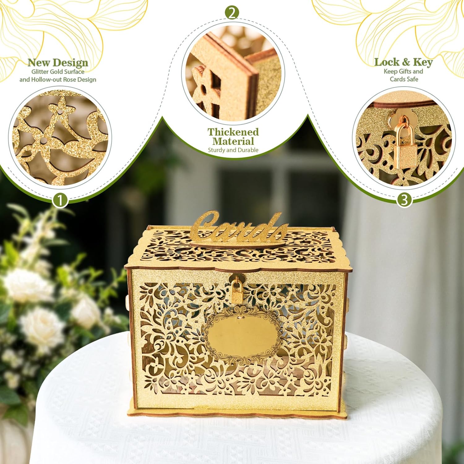 OurWarm Glittery Gold Wedding Card Box with Lock, Wood Gift Card Box for Wedding Reception, Envelope Box for Party Graduation Birthday Baby Shower Decorations