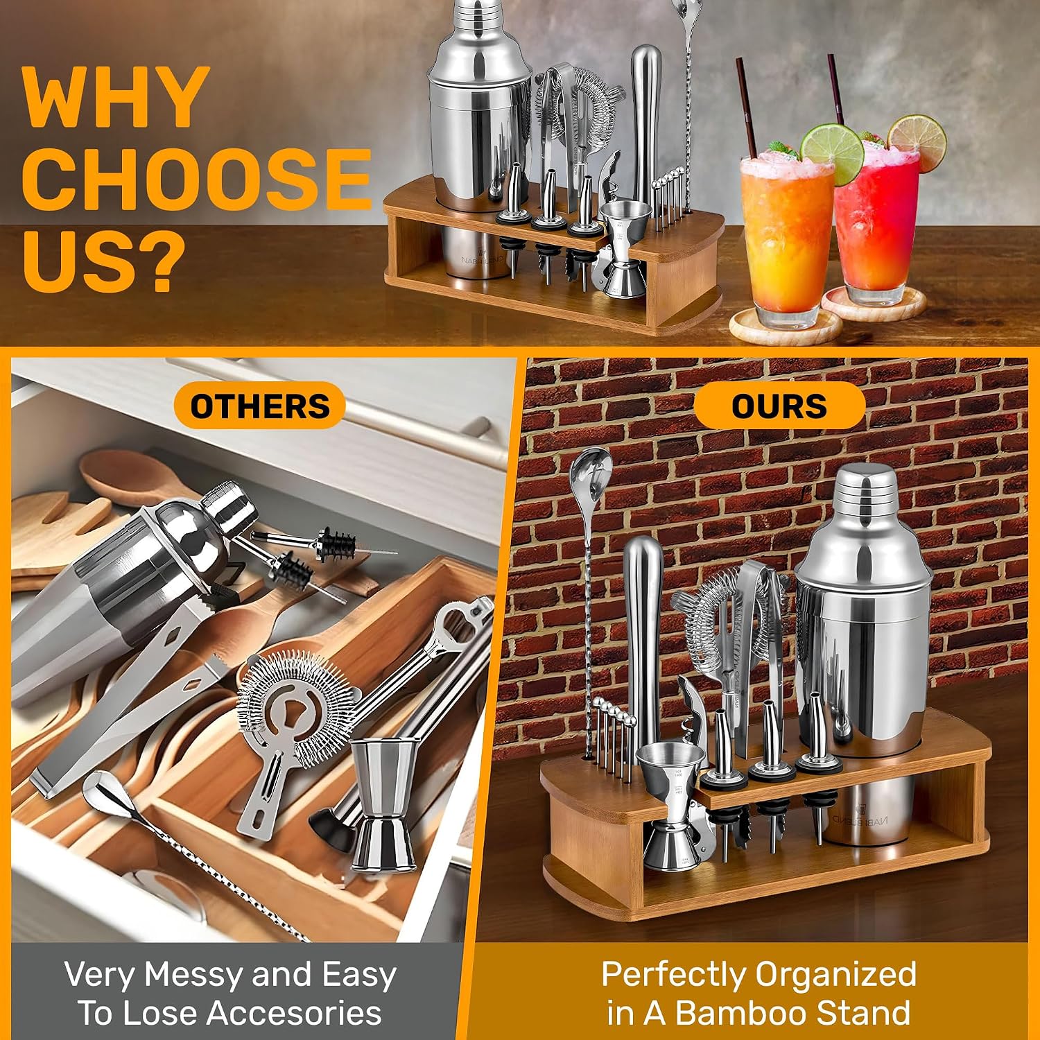 16 Piece Bartender Kit with Bamboo Stand | Cocktail Shaker Set Essential Bar Tools Wine Shaker Ice Filter Mixing Spoon Jigger Wine Dispenser